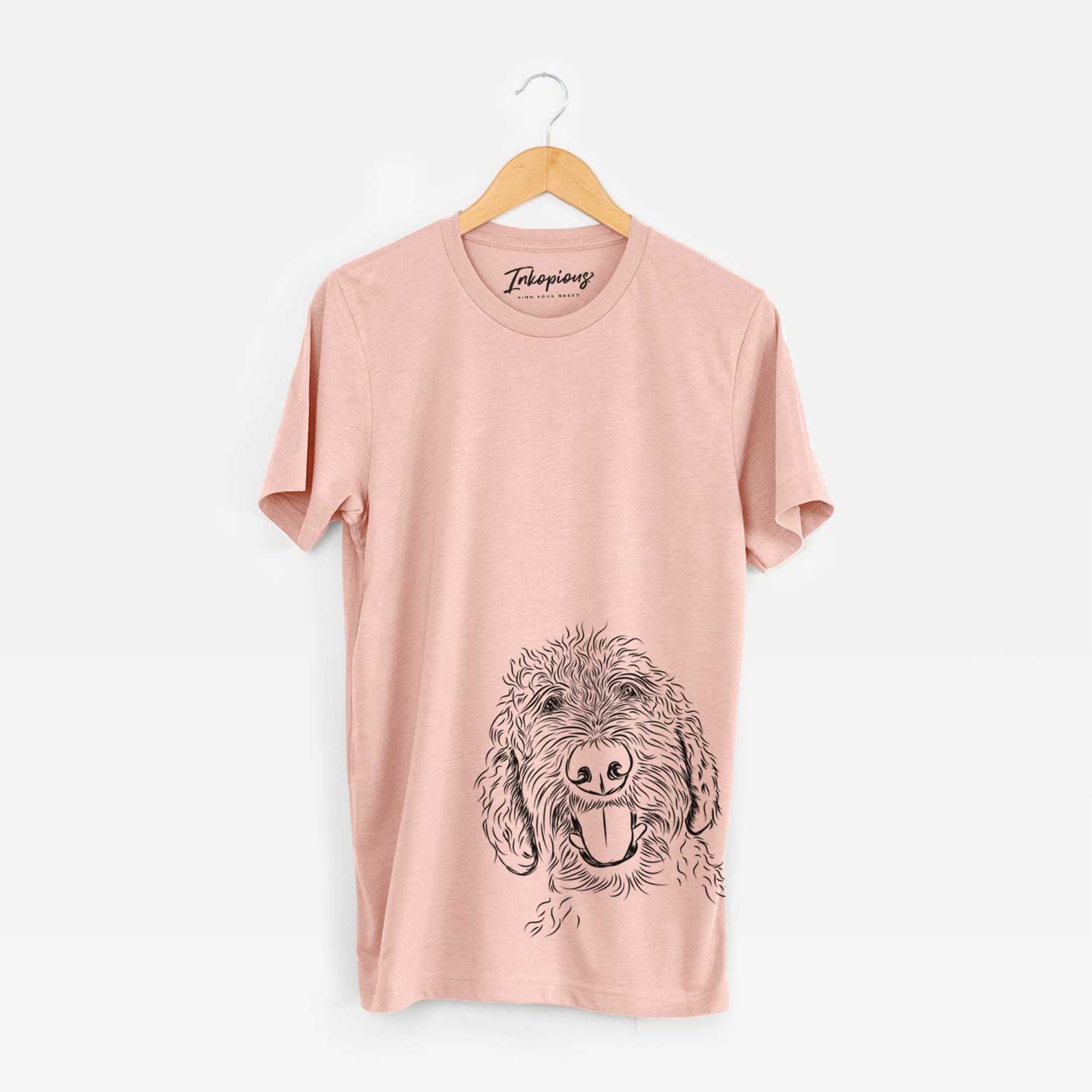 Hand-drawn sketch of Dixie the Doodle on a Peach Unisex crewneck