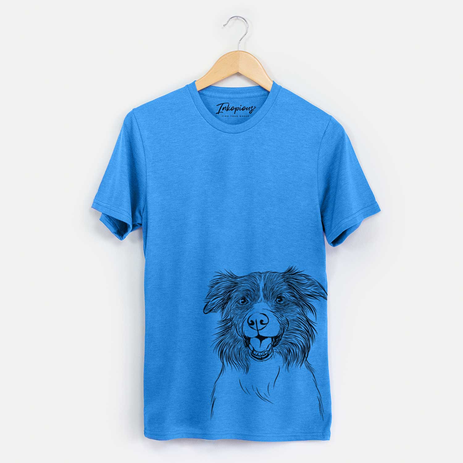 Hand-drawn sketch of Dizzy the Border Collie on a Blue Unisex crewneck
