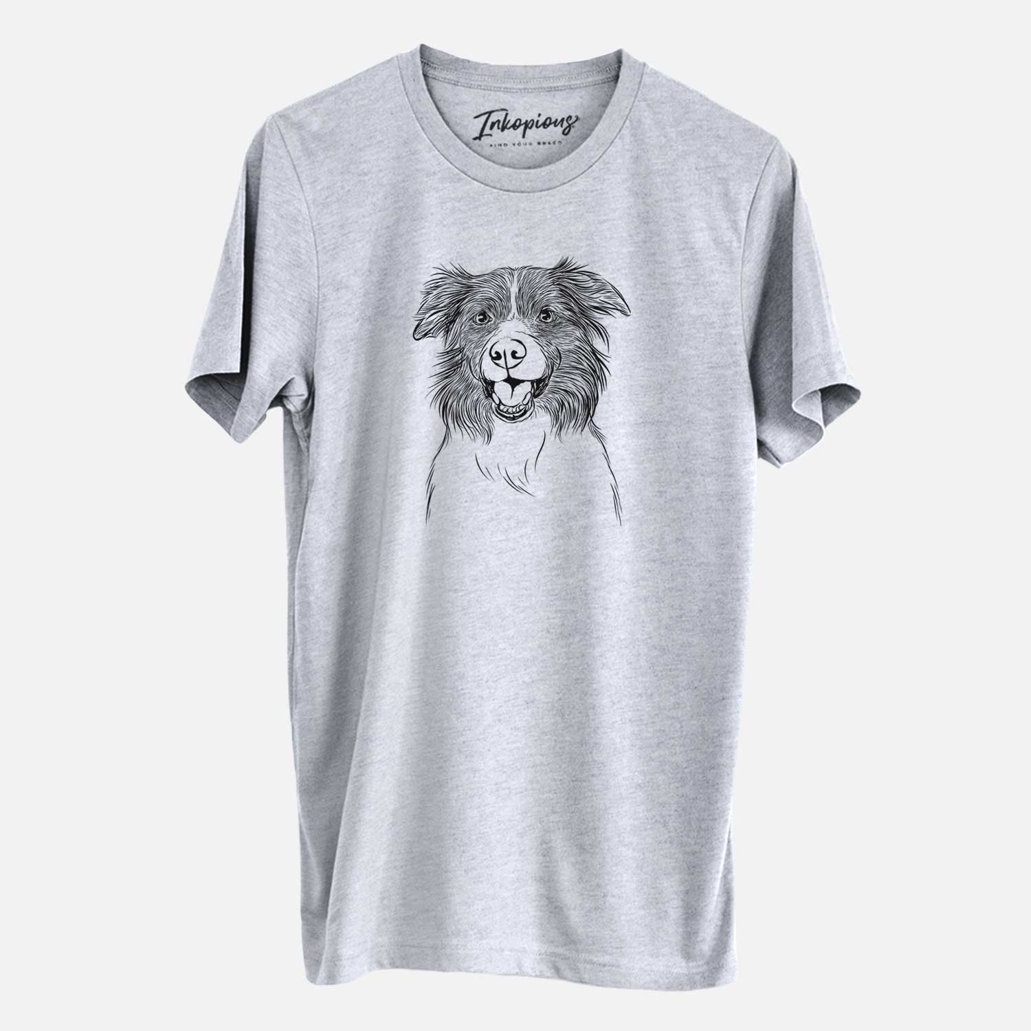 Hand-drawn sketch of Dizzy the Border Collie on a Grey Unisex crewneck