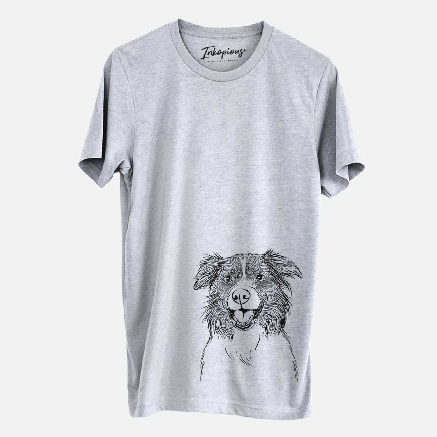 Hand-drawn sketch of Dizzy the Border Collie on a Grey Unisex crewneck