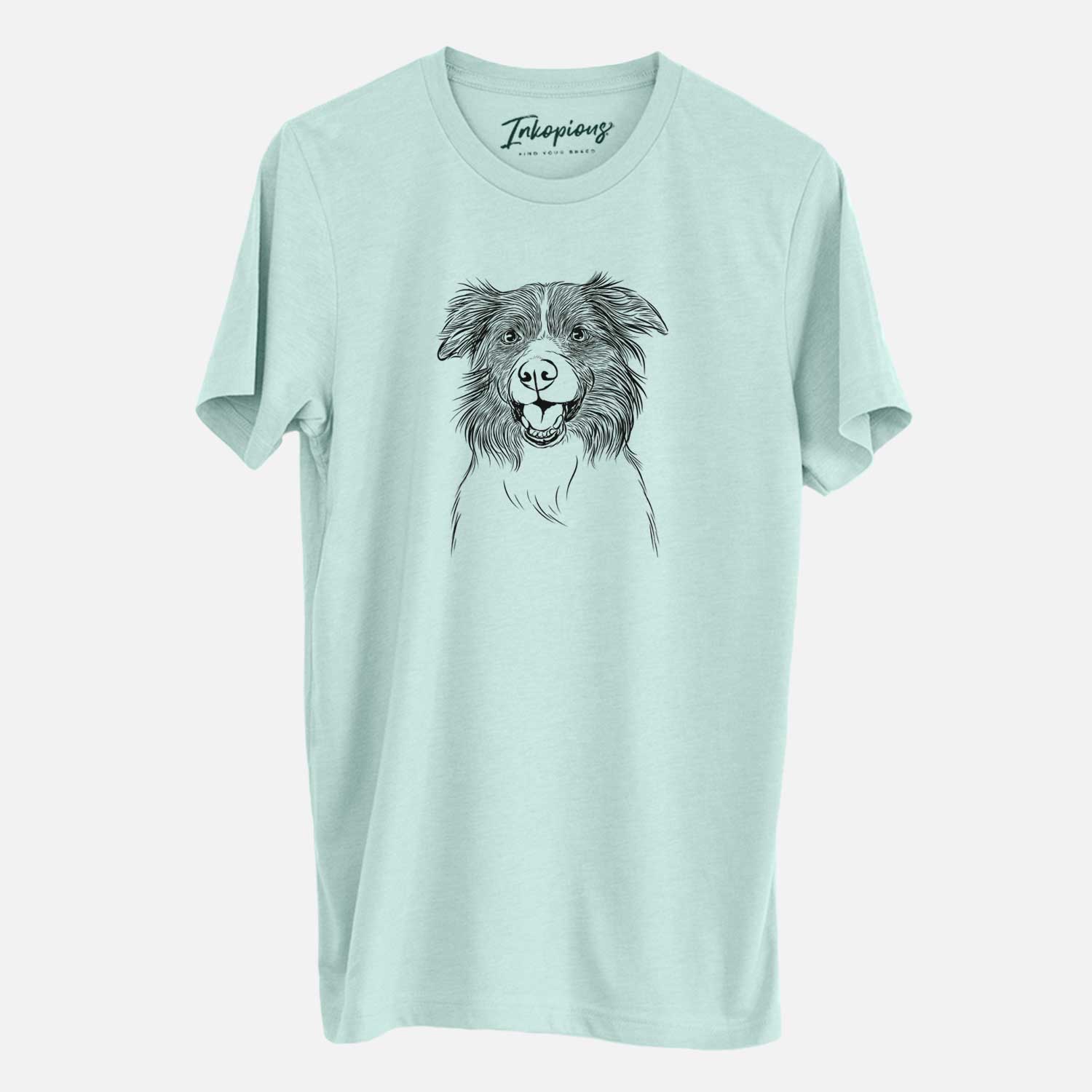 Hand-drawn sketch of Dizzy the Border Collie on a Heather Sage Unisex crewneck