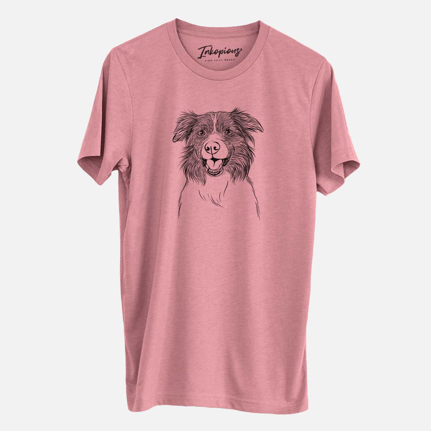 Hand-drawn sketch of Dizzy the Border Collie on a Mauve Unisex crewneck