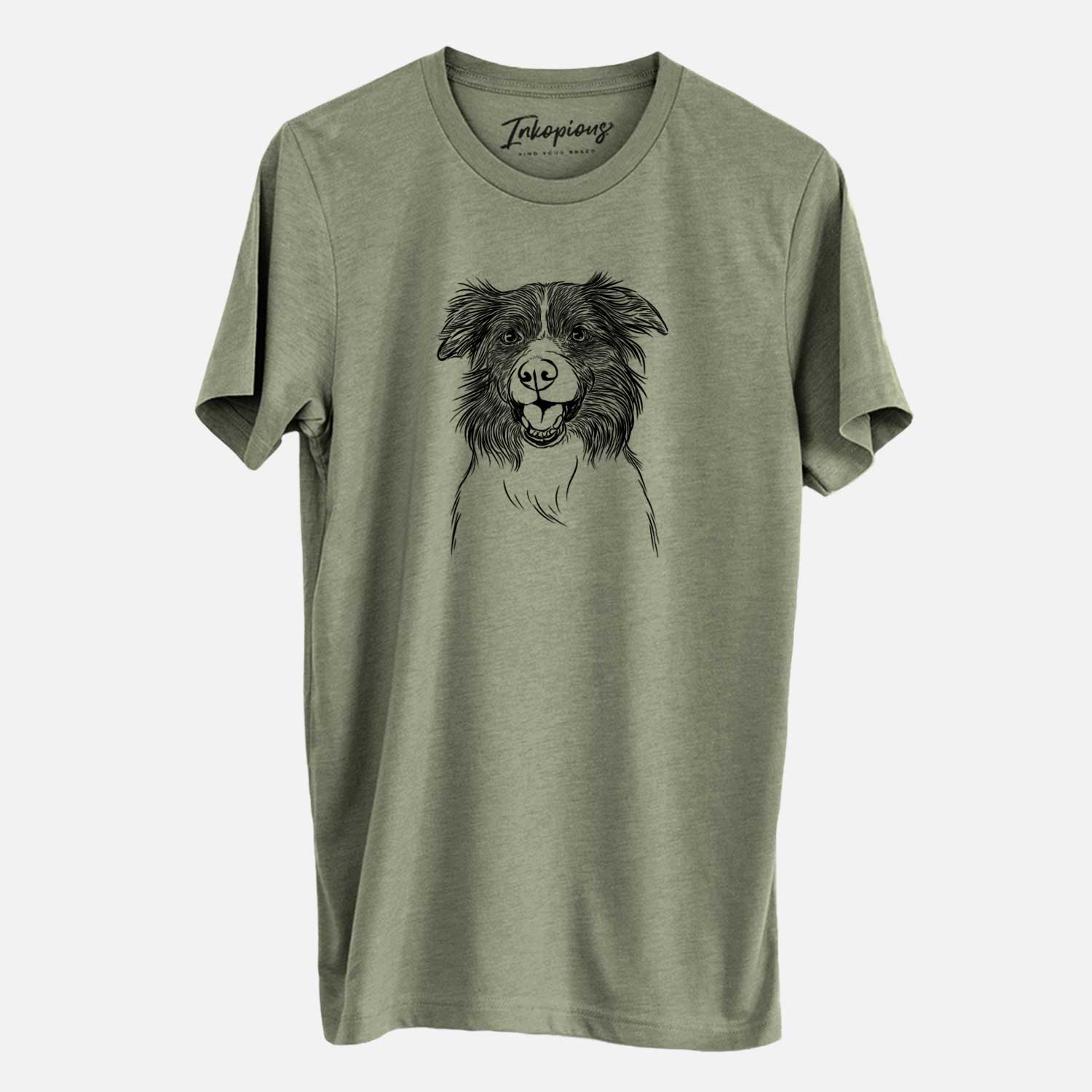 Hand-drawn sketch of Dizzy the Border Collie on an Olive Unisex crewneck