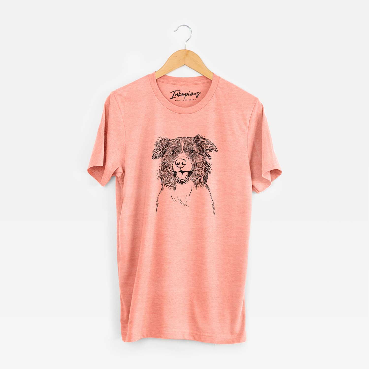 Hand-drawn sketch of Dizzy the Border Collie on a Sunset Unisex crewneck
