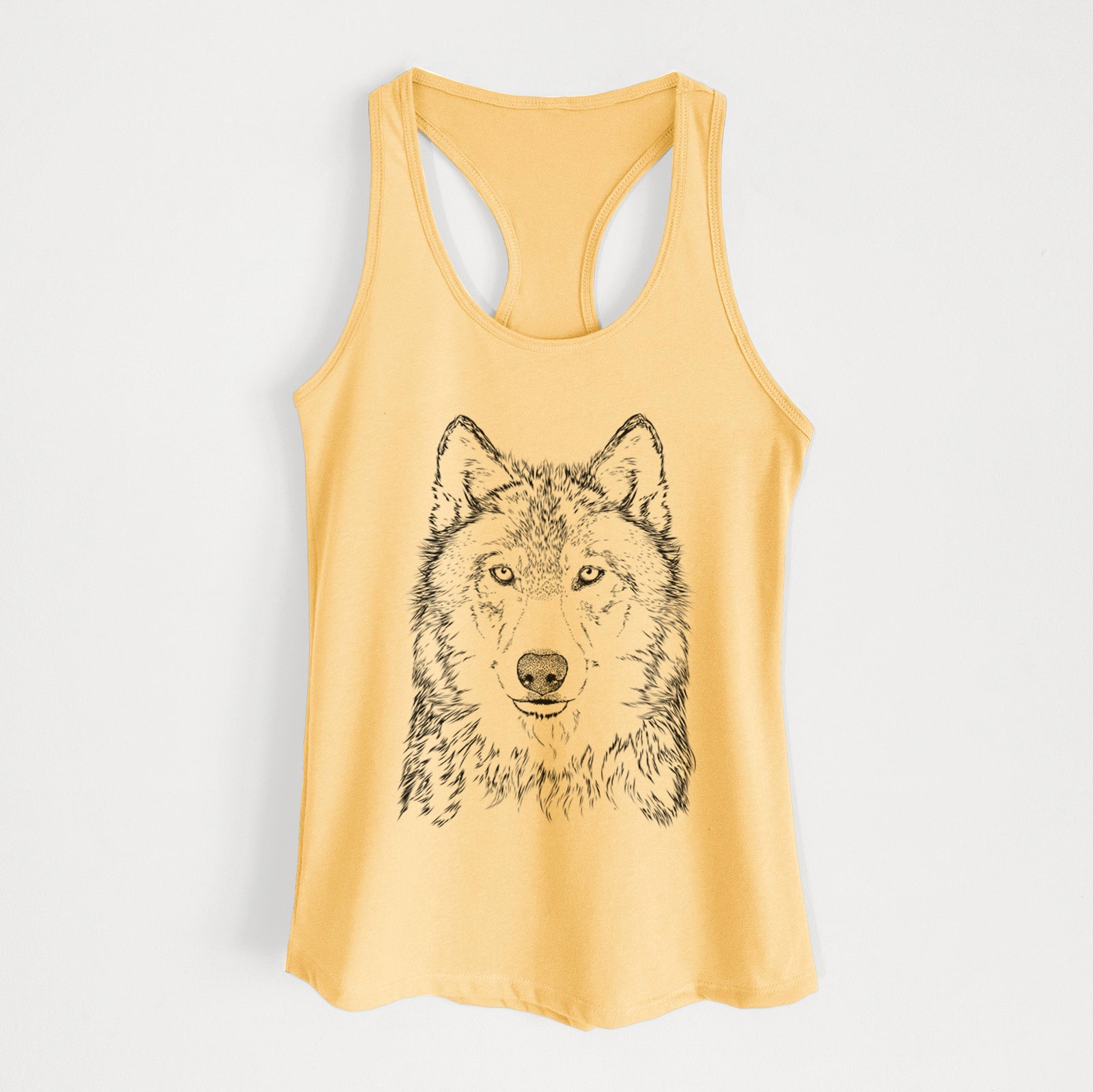 Hand-drawn sketch of Django the Grey Wolf on a Banana Cream Women's racerback tanktop