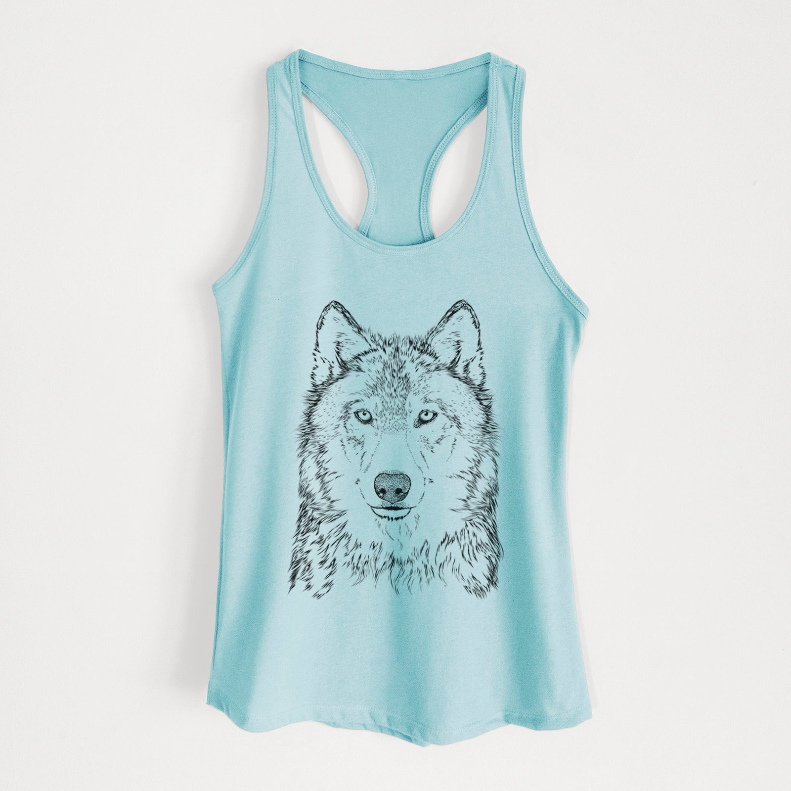 Hand-drawn sketch of Django the Grey Wolf on a Cancun Blue Women's racerback tanktop