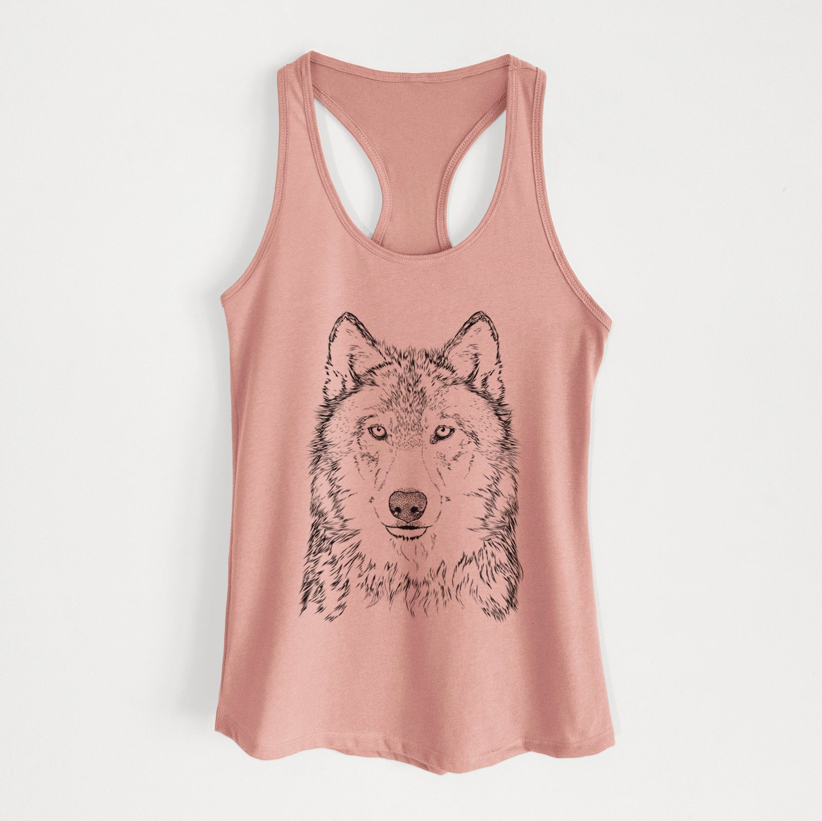 Hand-drawn sketch of Django the Grey Wolf on a Desert Pink Women's racerback tanktop