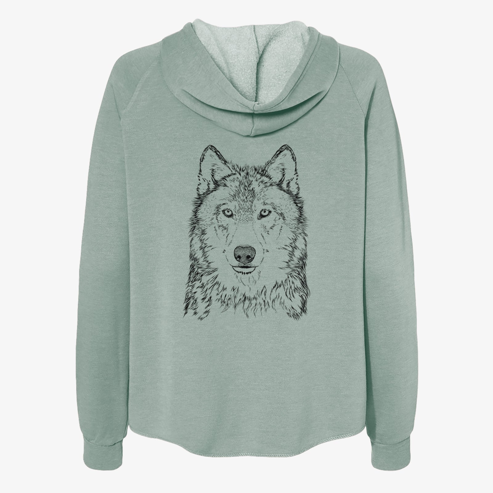 Hand-drawn sketch of Django the Grey Wolf on a Sage Women's cali wave zip-up sweatshirt