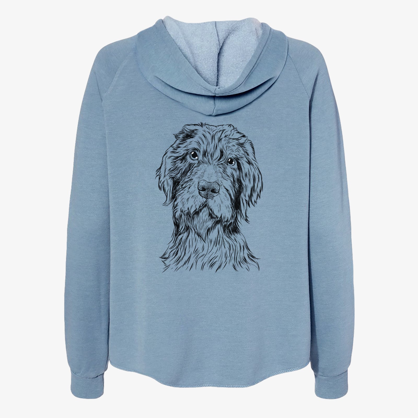 Hand-drawn sketch of Doc Holliday the Pudelpointer on a Misty Blue Women's cali wave zip-up sweatshirt