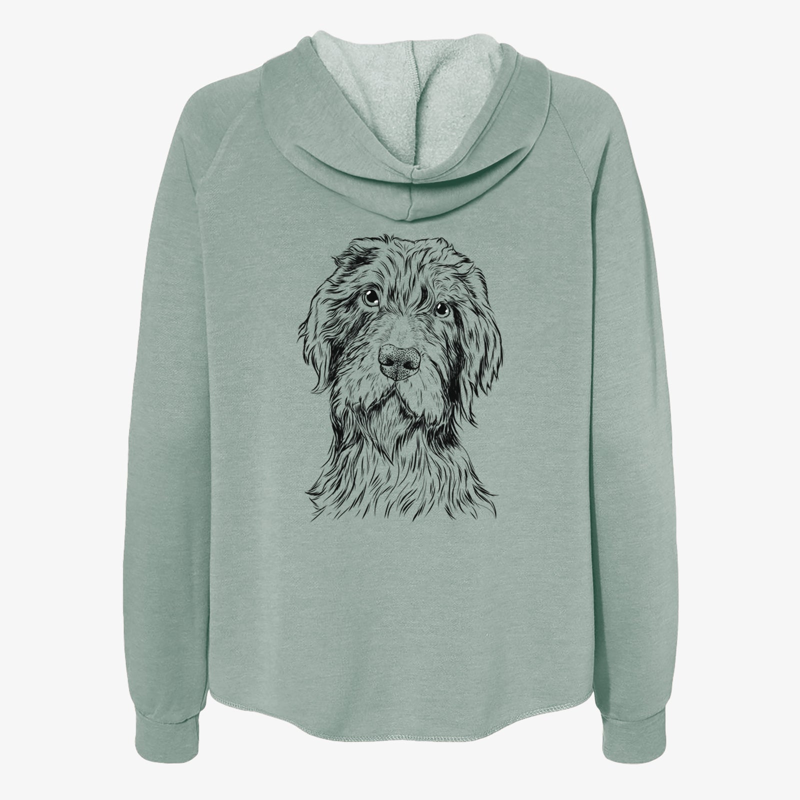 Hand-drawn sketch of Doc Holliday the Pudelpointer on a Sage Women's cali wave zip-up sweatshirt