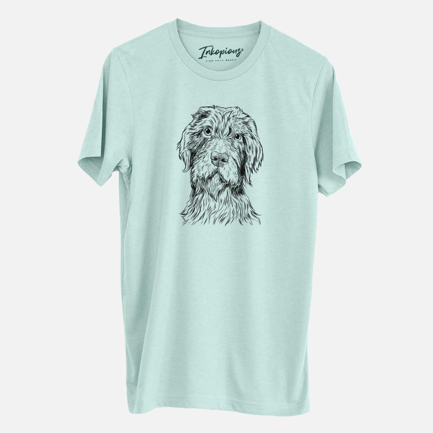 Hand-drawn sketch of Doc Holliday the Pudelpointer on a Heather Sage Unisex crewneck