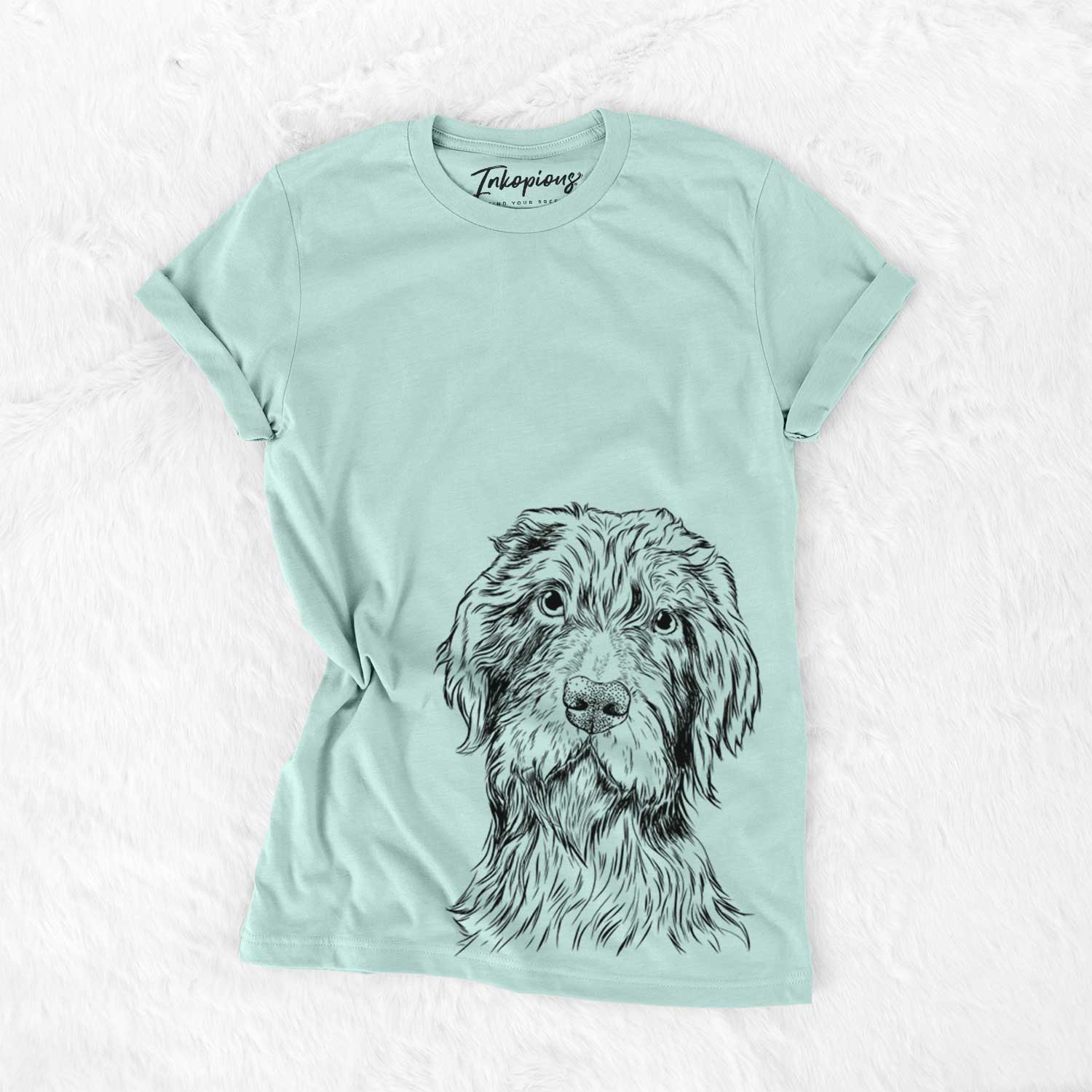 Hand-drawn sketch of Doc Holliday the Pudelpointer on a Heather Sage Unisex crewneck