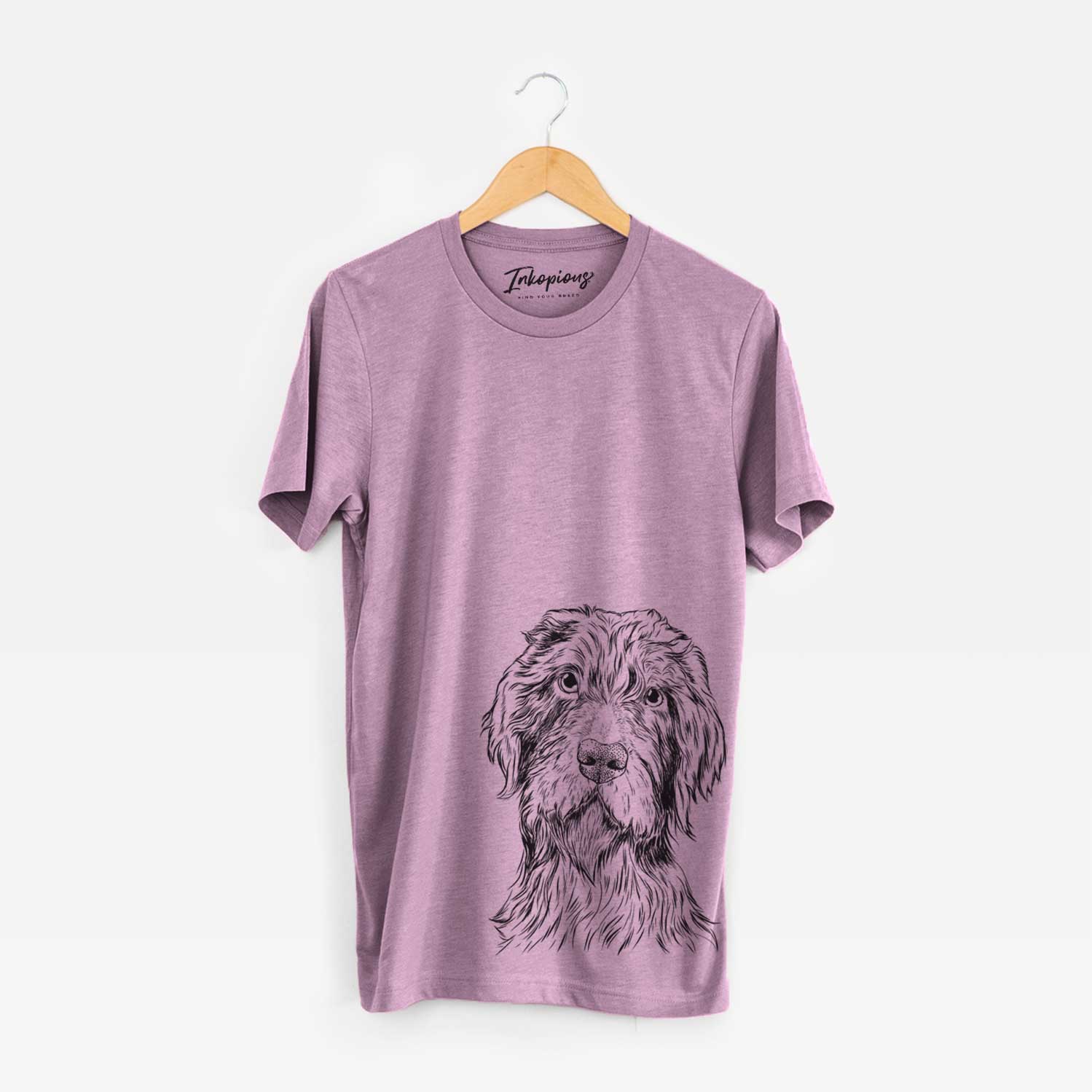 Hand-drawn sketch of Doc Holliday the Pudelpointer on an Orchid Unisex crewneck