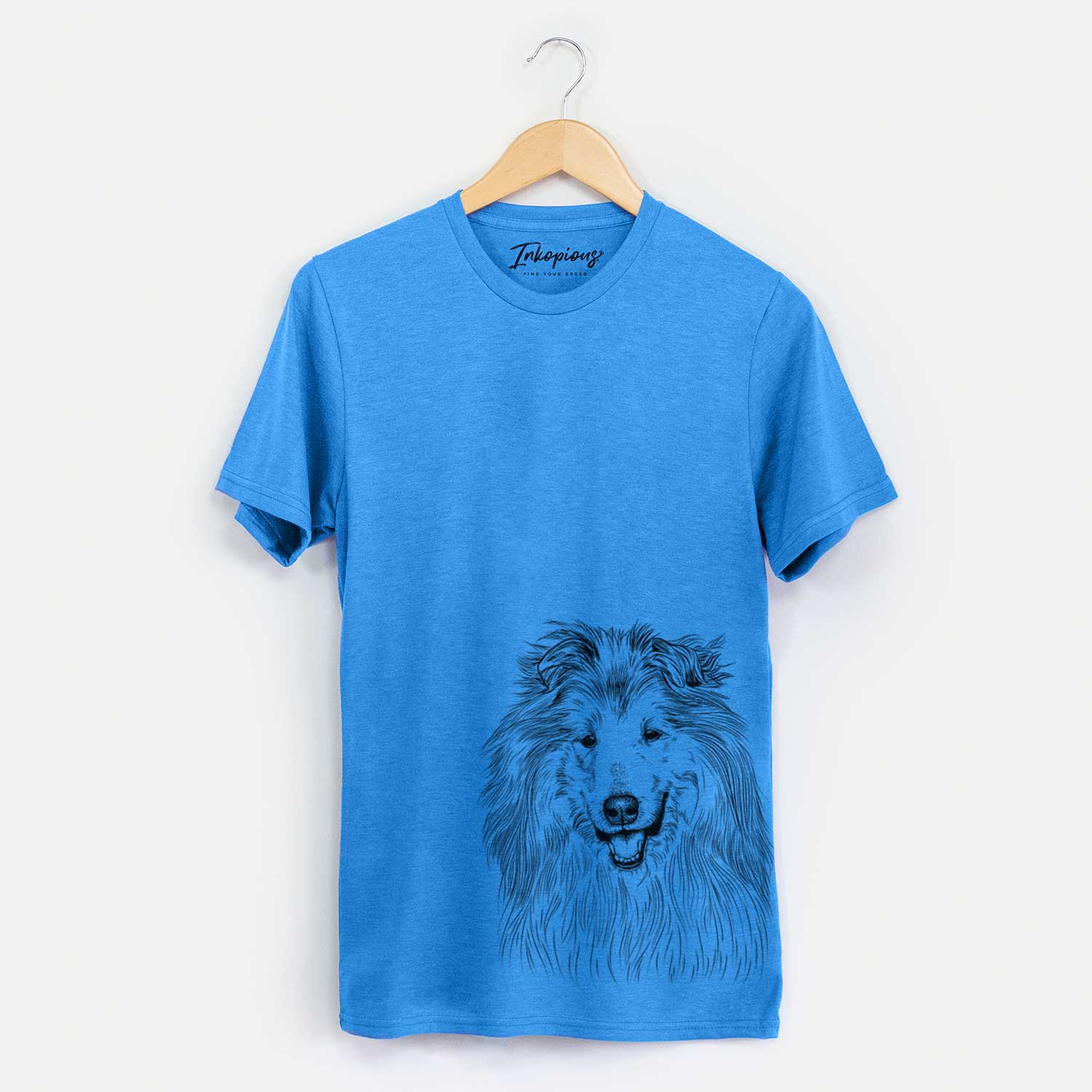 Hand-drawn sketch of Donnan the Rough Collie on a Blue Unisex crewneck