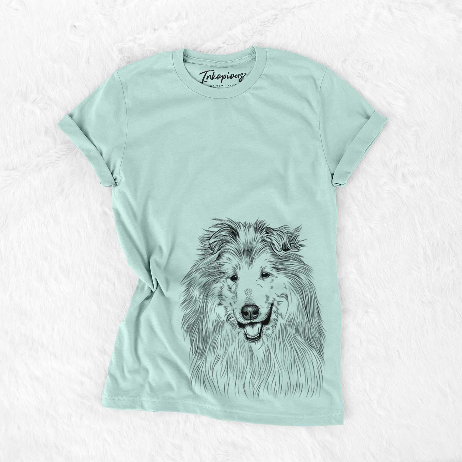 Hand-drawn sketch of Donnan the Rough Collie on a Heather Sage Unisex crewneck