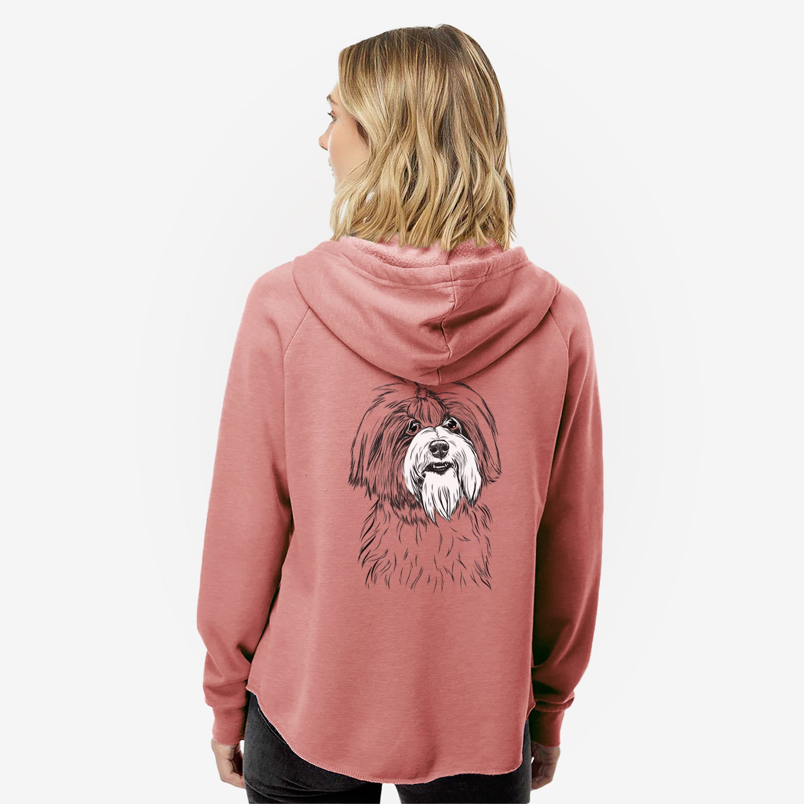 Hand-drawn sketch of Dooley the Havanese on a Dusty Rose Women's cali wave zip-up sweatshirt