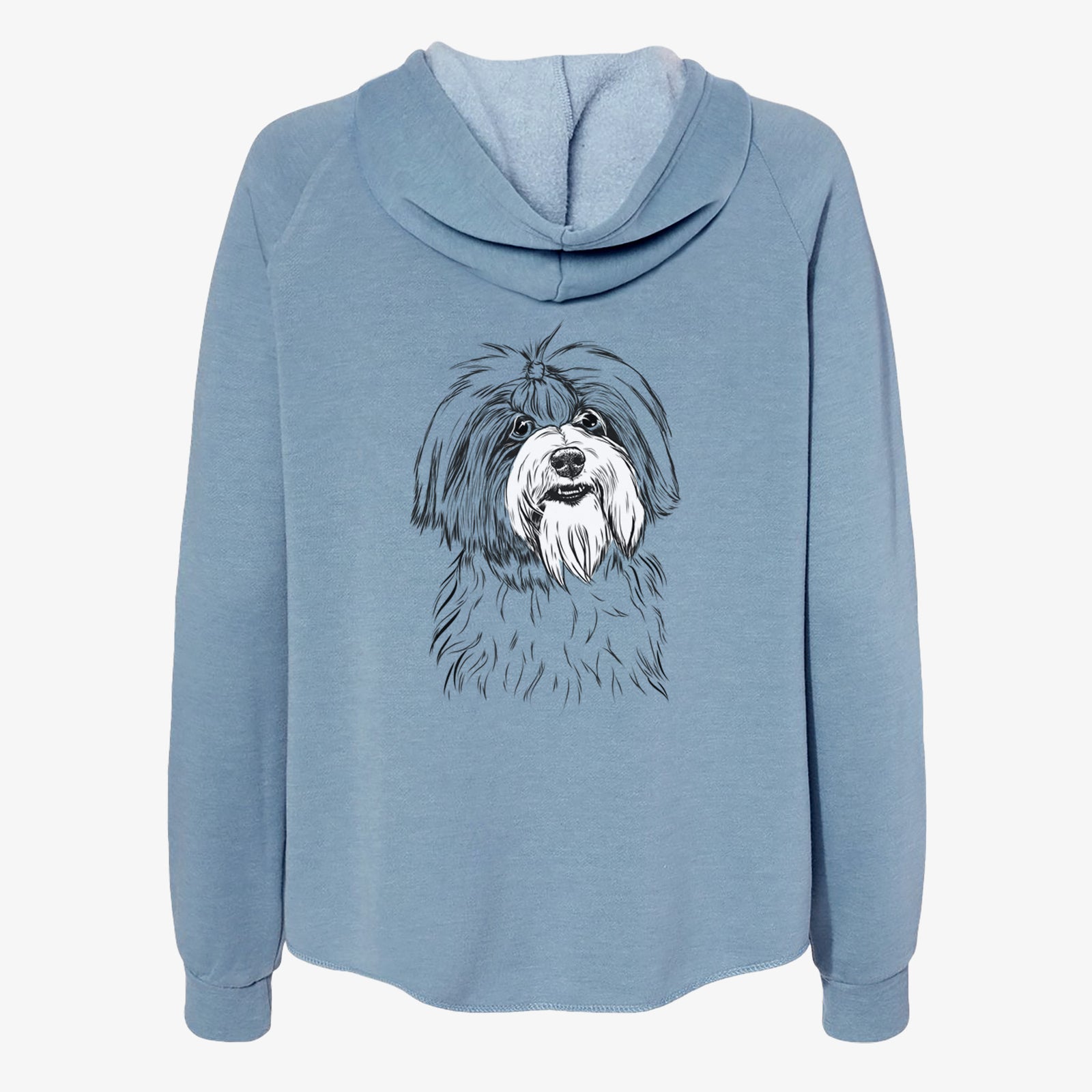 Hand-drawn sketch of Dooley the Havanese on a Misty Blue Women's cali wave zip-up sweatshirt