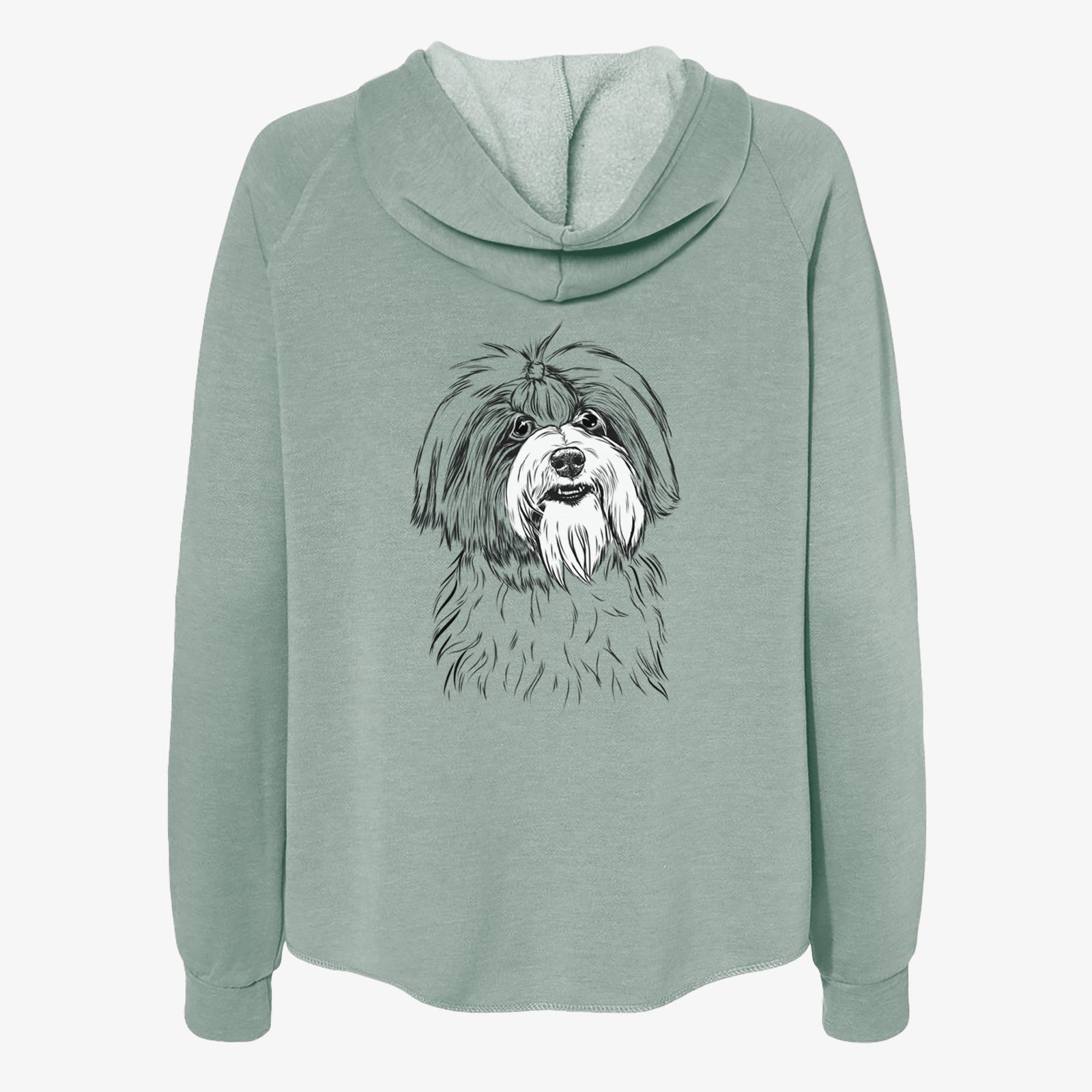 Hand-drawn sketch of Dooley the Havanese on a Sage Women's cali wave zip-up sweatshirt