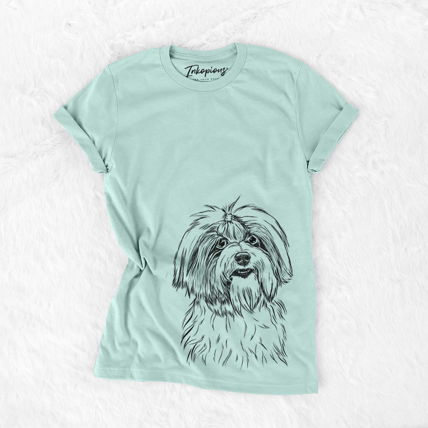 Hand-drawn sketch of Dooley the Havanese on a Heather Sage Bella Canvas Unisex Crewneck