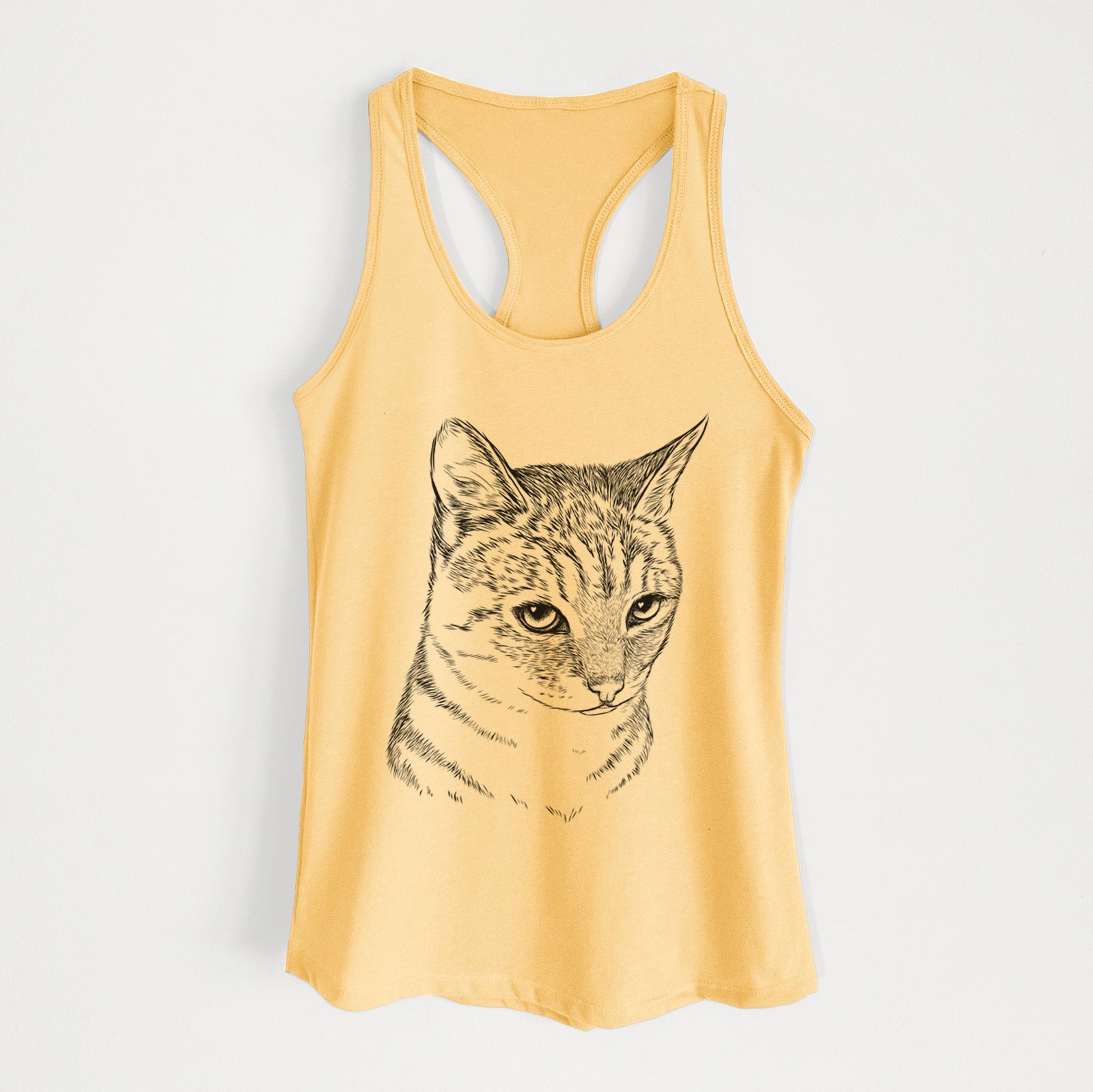 Hand-drawn sketch of Dora the Tabby Cat on a Banana Cream Women's racerback tanktop