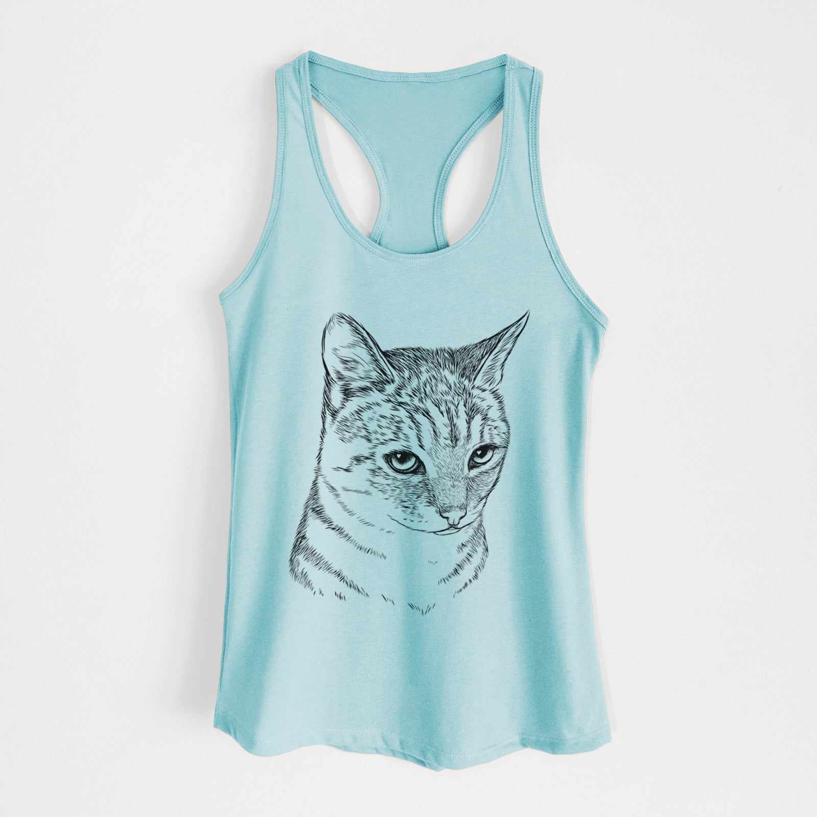 Hand-drawn sketch of Dora the Tabby Cat on a Cancun Blue Women's racerback tanktop