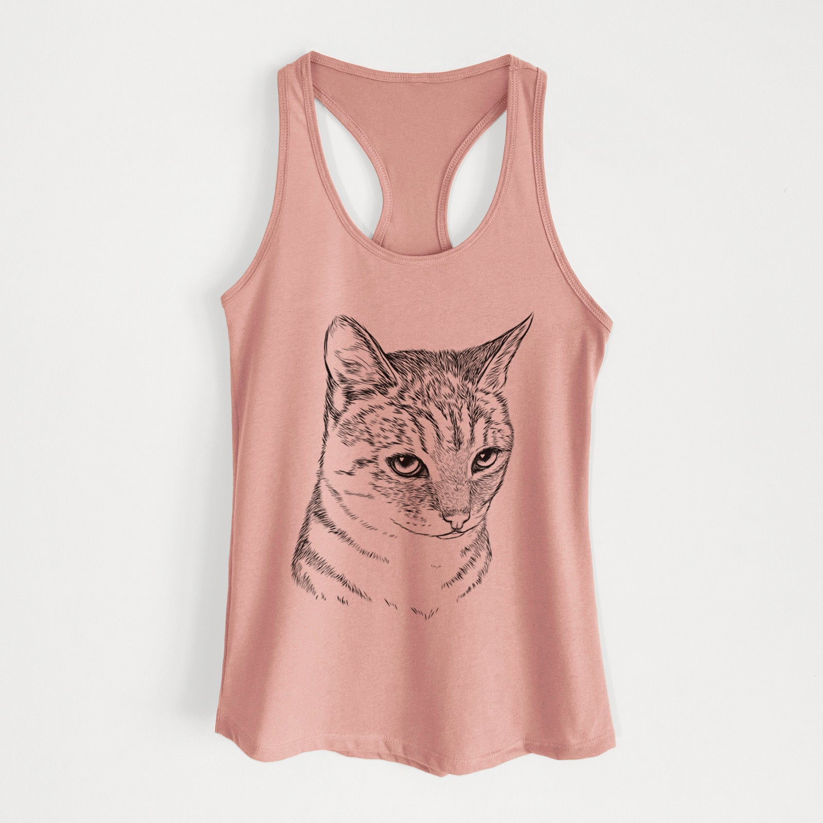 Hand-drawn sketch of Dora the Tabby Cat on a Desert Pink Women's racerback tanktop