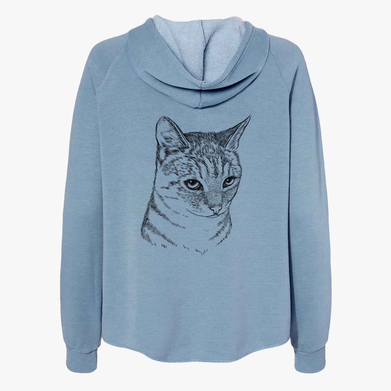Hand-drawn sketch of Dora the Tabby Cat on a Misty Blue Women's cali wave zip-up sweatshirt