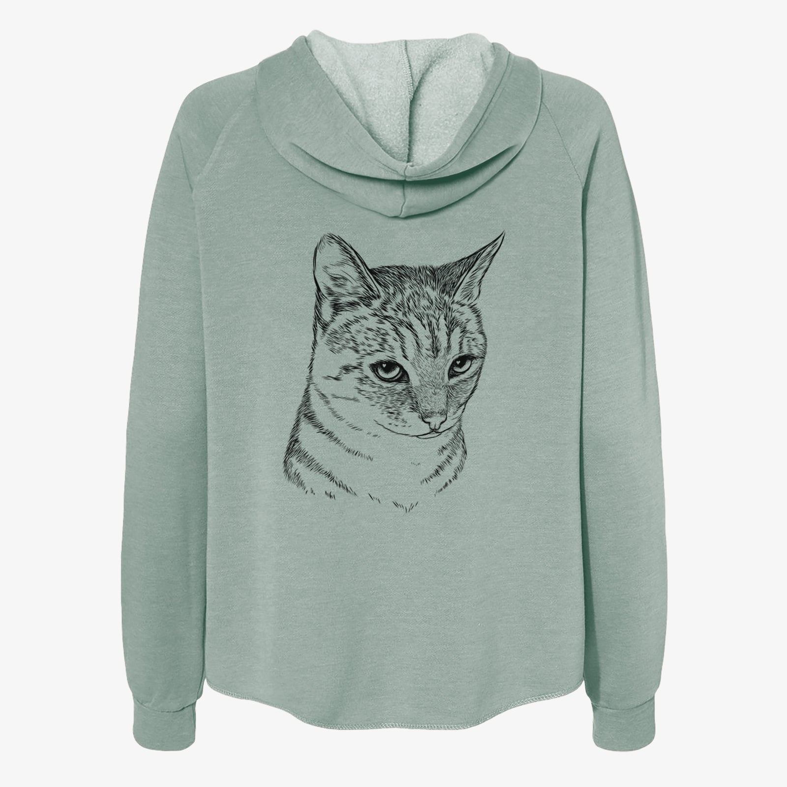Hand-drawn sketch of Dora the Tabby Cat on a Sage Women's cali wave zip-up sweatshirt