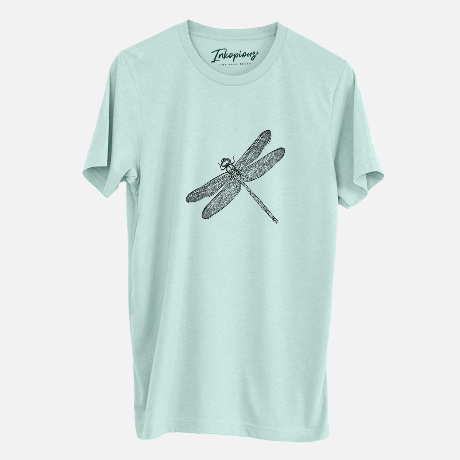 Hand-drawn sketch of Dragonfly the Dragonfly on a Heather Sage Unisex crewneck
