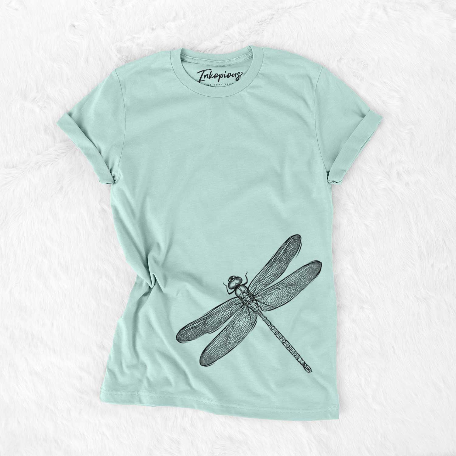 Hand-drawn sketch of Dragonfly the Dragonfly on a Heather Sage Unisex crewneck