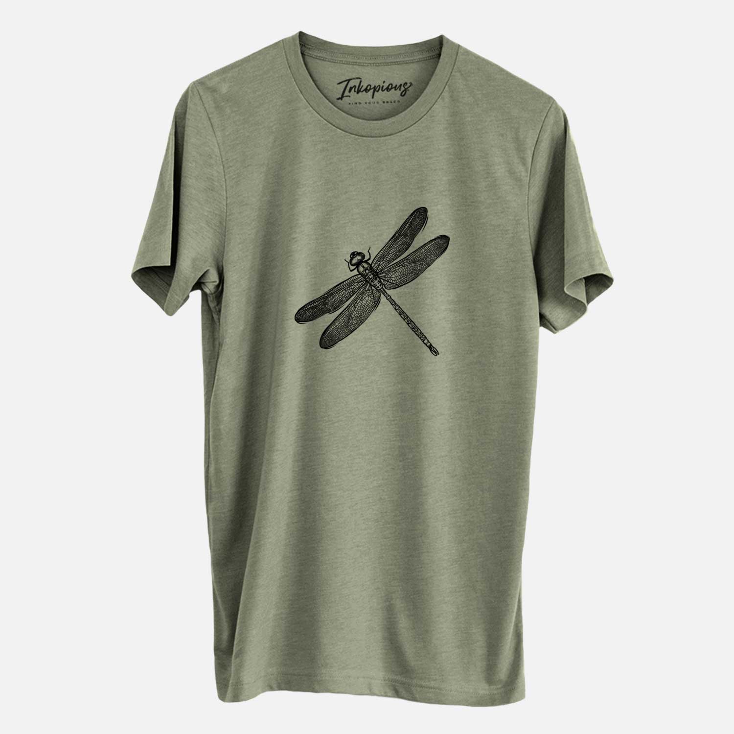 Hand-drawn sketch of Dragonfly the Dragonfly on an Olive Unisex crewneck