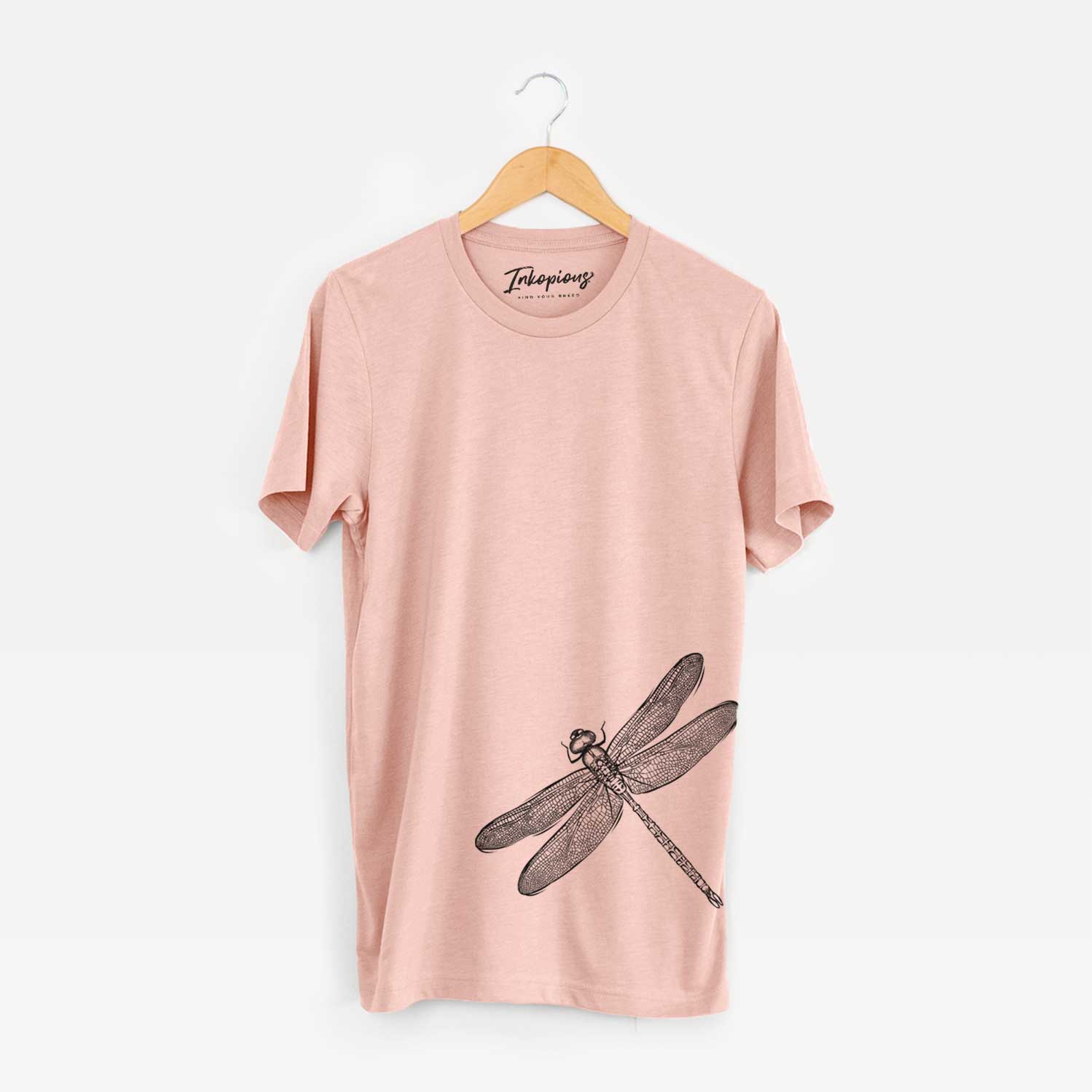 Hand-drawn sketch of a Dragonfly on a Peach Bella Canvas Unisex Crewneck