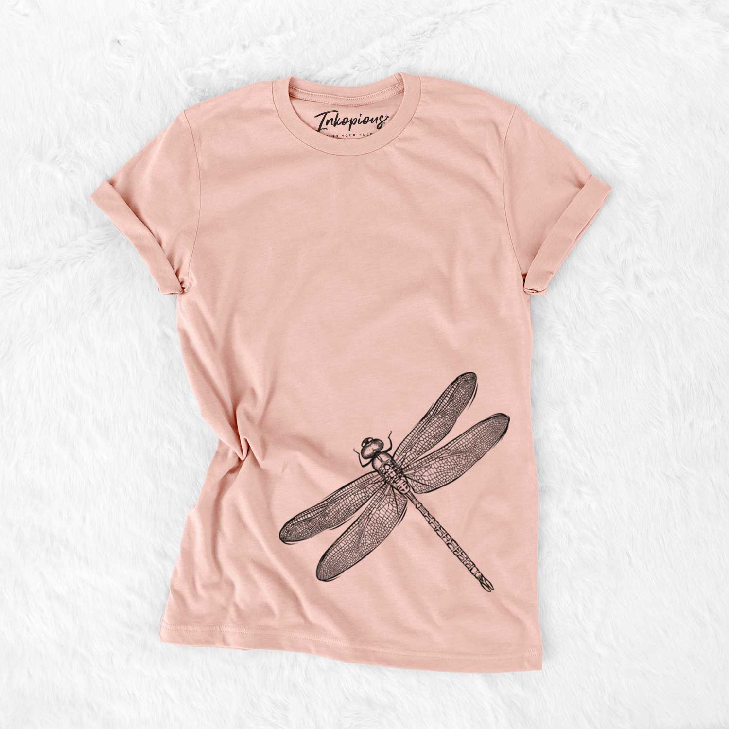 Hand-drawn sketch of a Dragonfly on a Peach Bella Canvas Unisex Crewneck