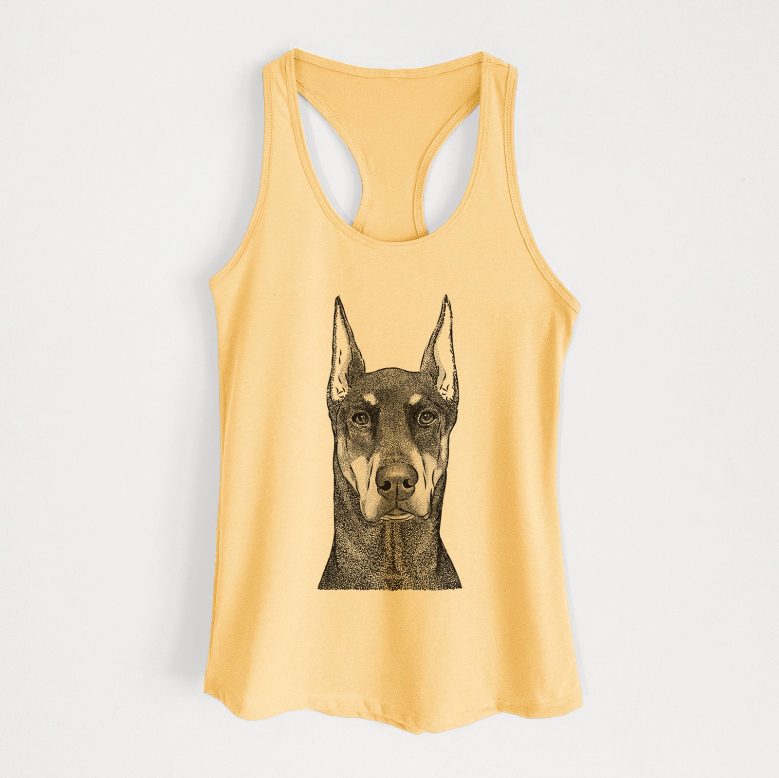 Hand-drawn sketch of Drake the Doberman Pinscher on a Banana Cream Women's racerback tanktop