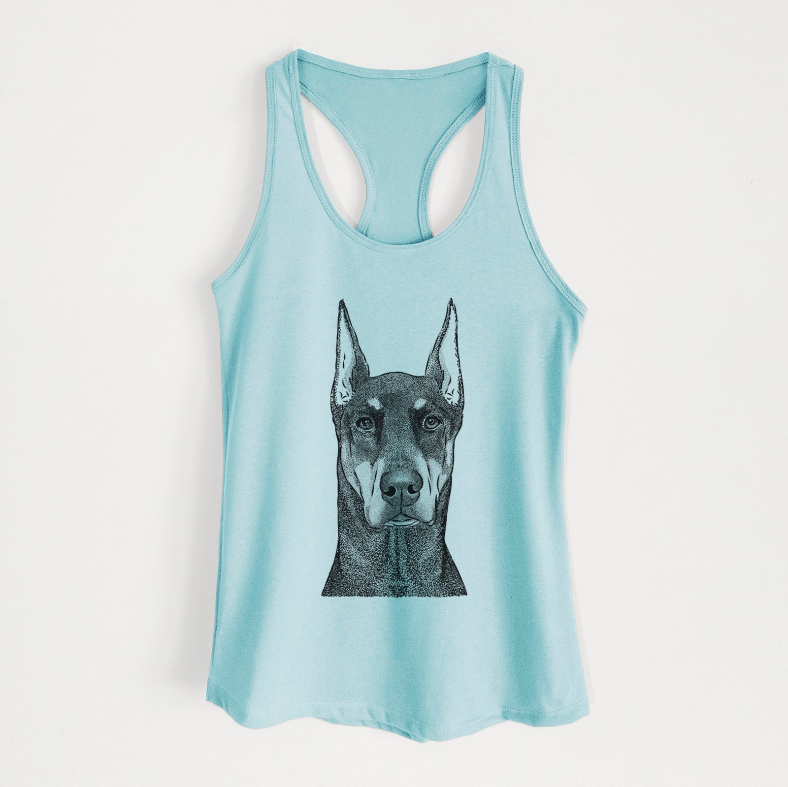 Hand-drawn sketch of Drake the Doberman Pinscher on a Cancun Blue Women's racerback tanktop