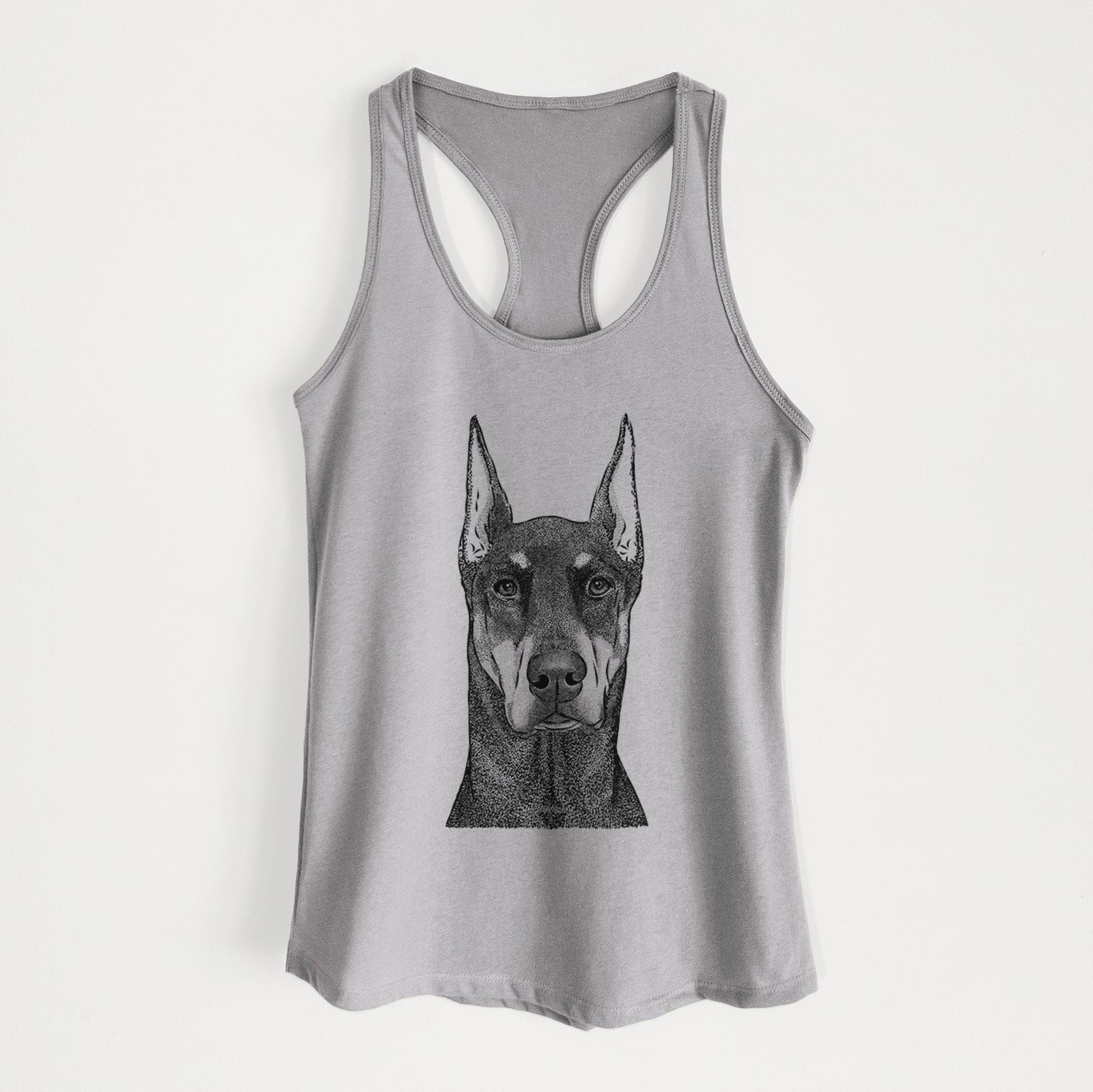 Hand-drawn sketch of Drake the Doberman Pinscher on a Heather Grey Women's racerback tanktop