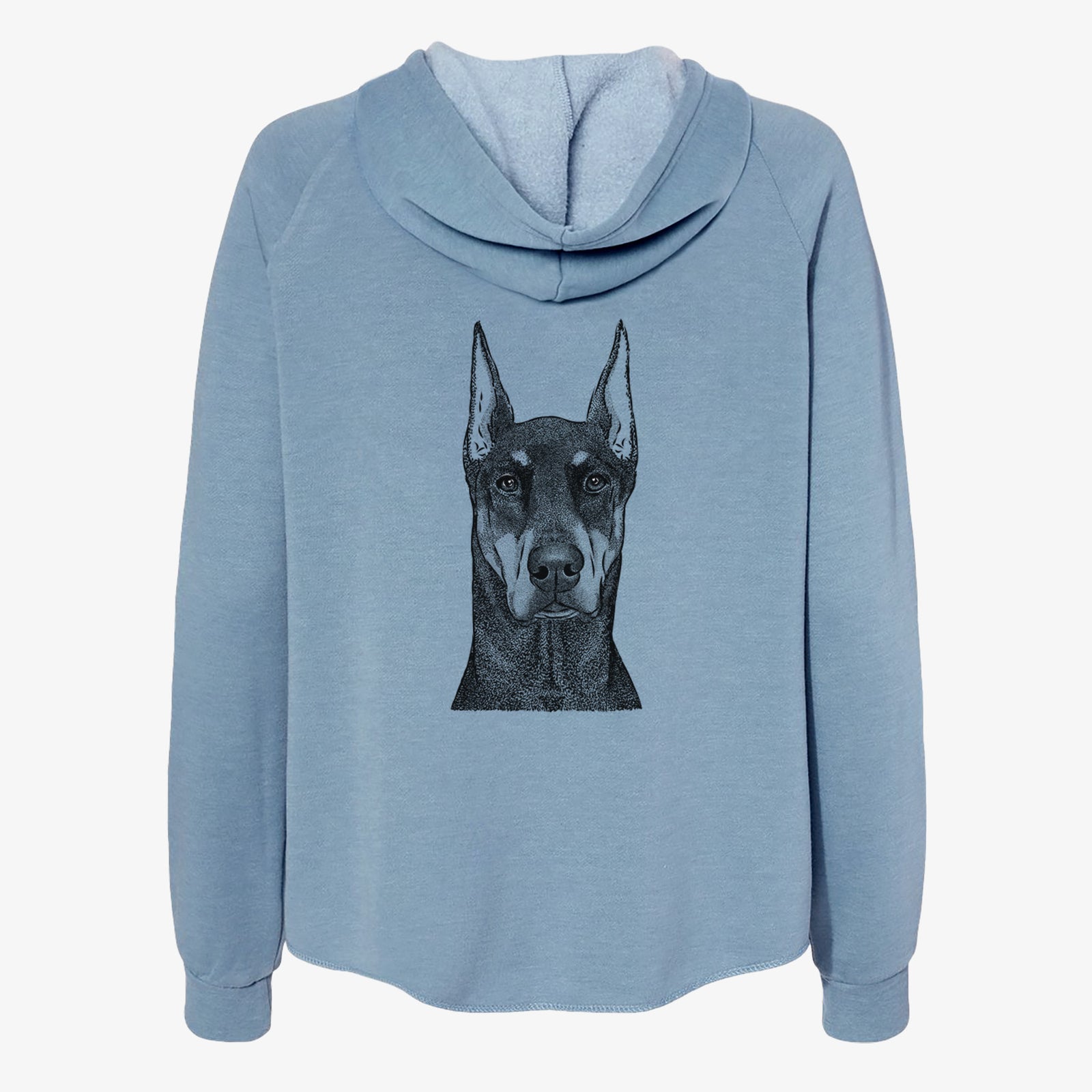 Hand-drawn sketch of Drake the Doberman Pinscher on a Misty Blue Women's cali wave zip-up sweatshirt