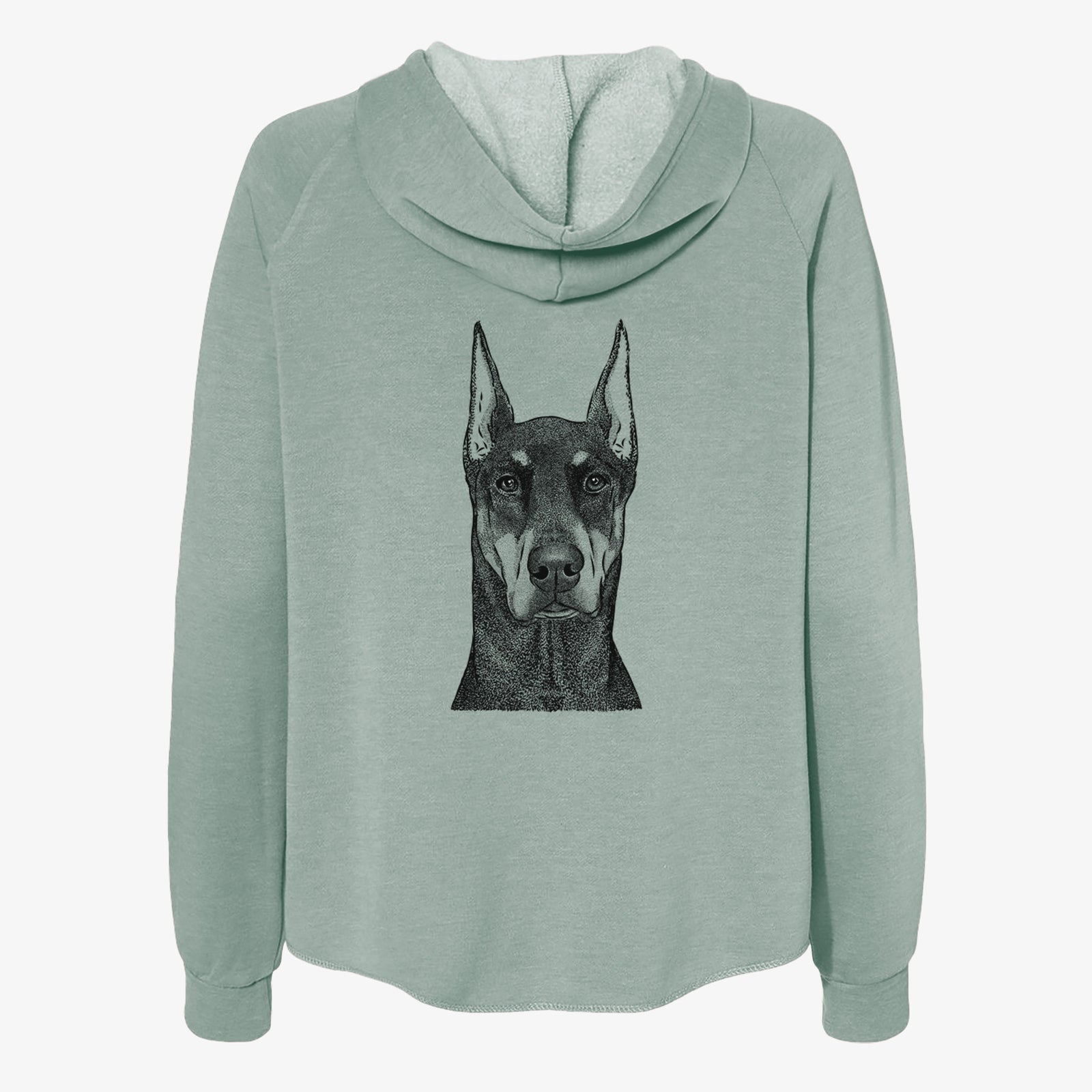 Hand-drawn sketch of Drake the Doberman Pinscher on a Sage Women's cali wave zip-up sweatshirt