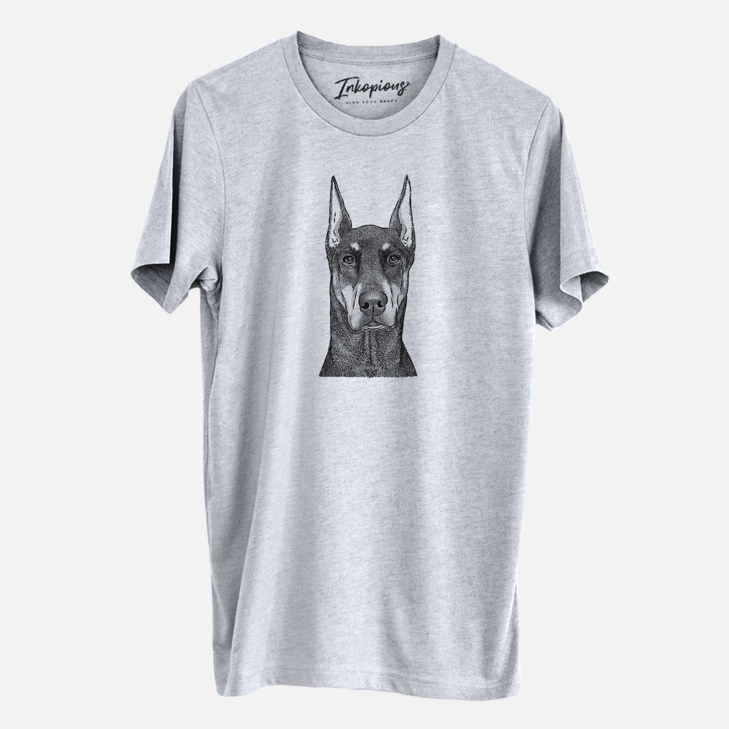 Hand-drawn sketch of Drake the Doberman Pinscher on a Grey Unisex crewneck