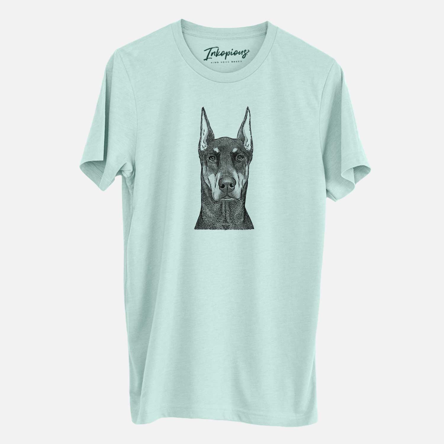 Hand-drawn sketch of Drake the Doberman Pinscher on a Heather Sage Unisex crewneck