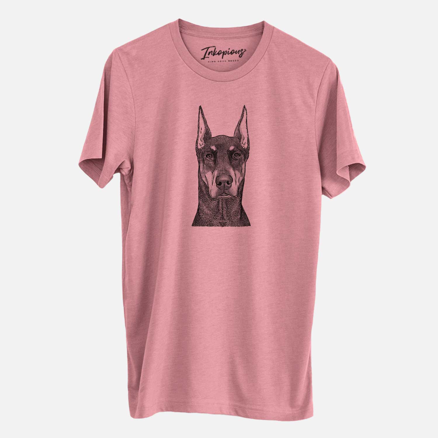 Hand-drawn sketch of Drake the Doberman Pinscher on a Mauve Unisex crewneck