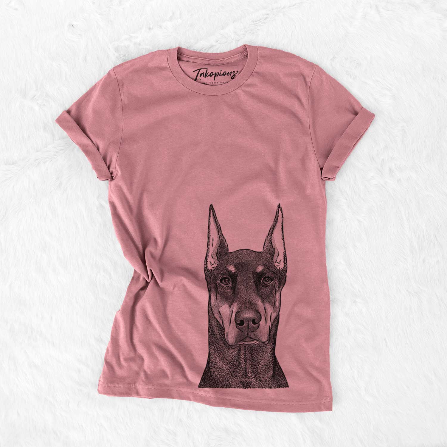 Hand-drawn sketch of Drake the Doberman Pinscher on a Mauve Unisex crewneck