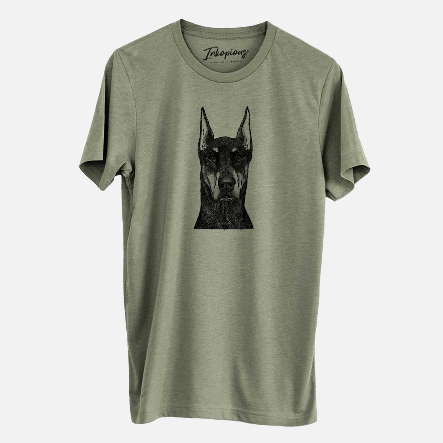 Hand-drawn sketch of Drake the Doberman Pinscher on an Olive Unisex crewneck