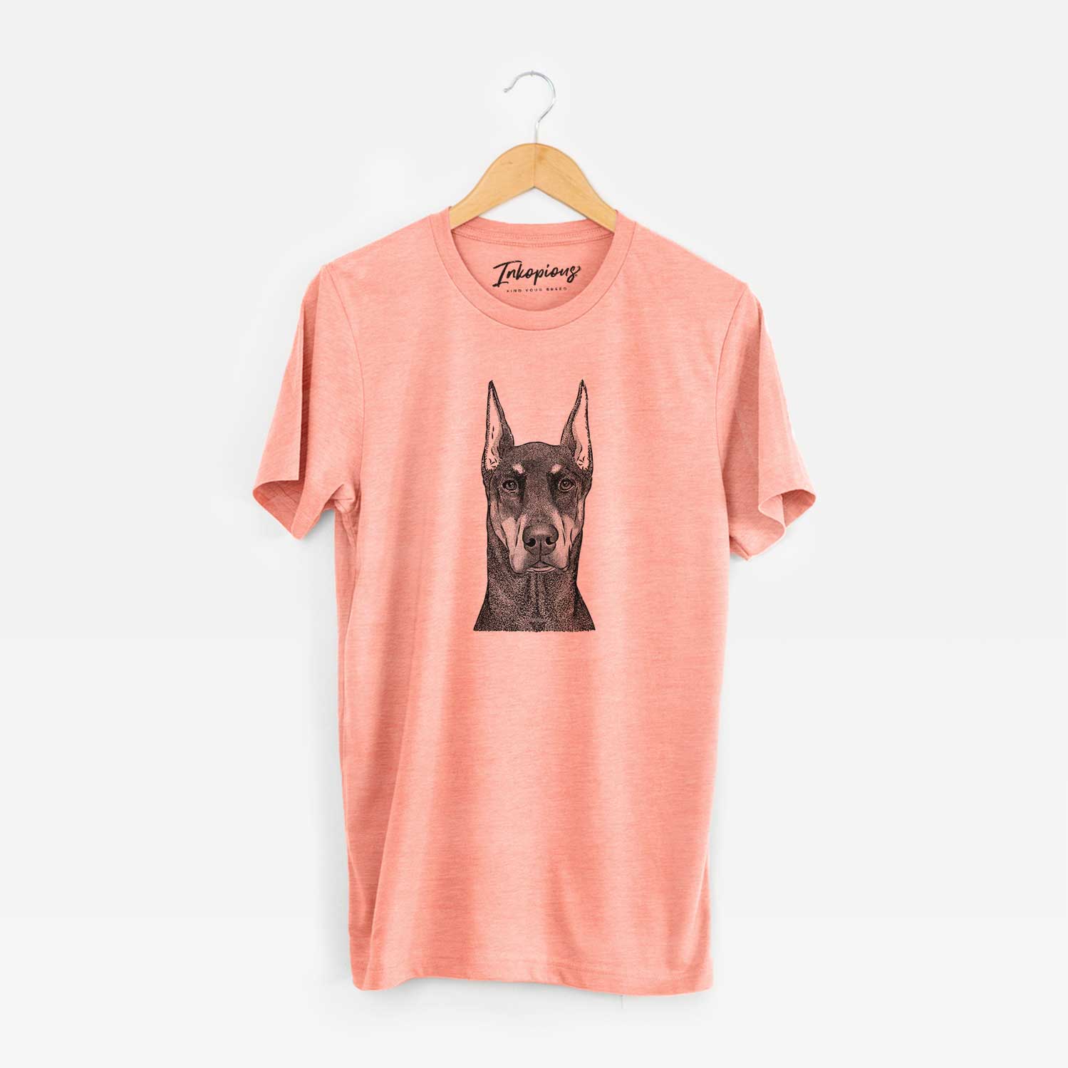 Hand-drawn sketch of Drake the Doberman Pinscher on a Sunset Unisex crewneck