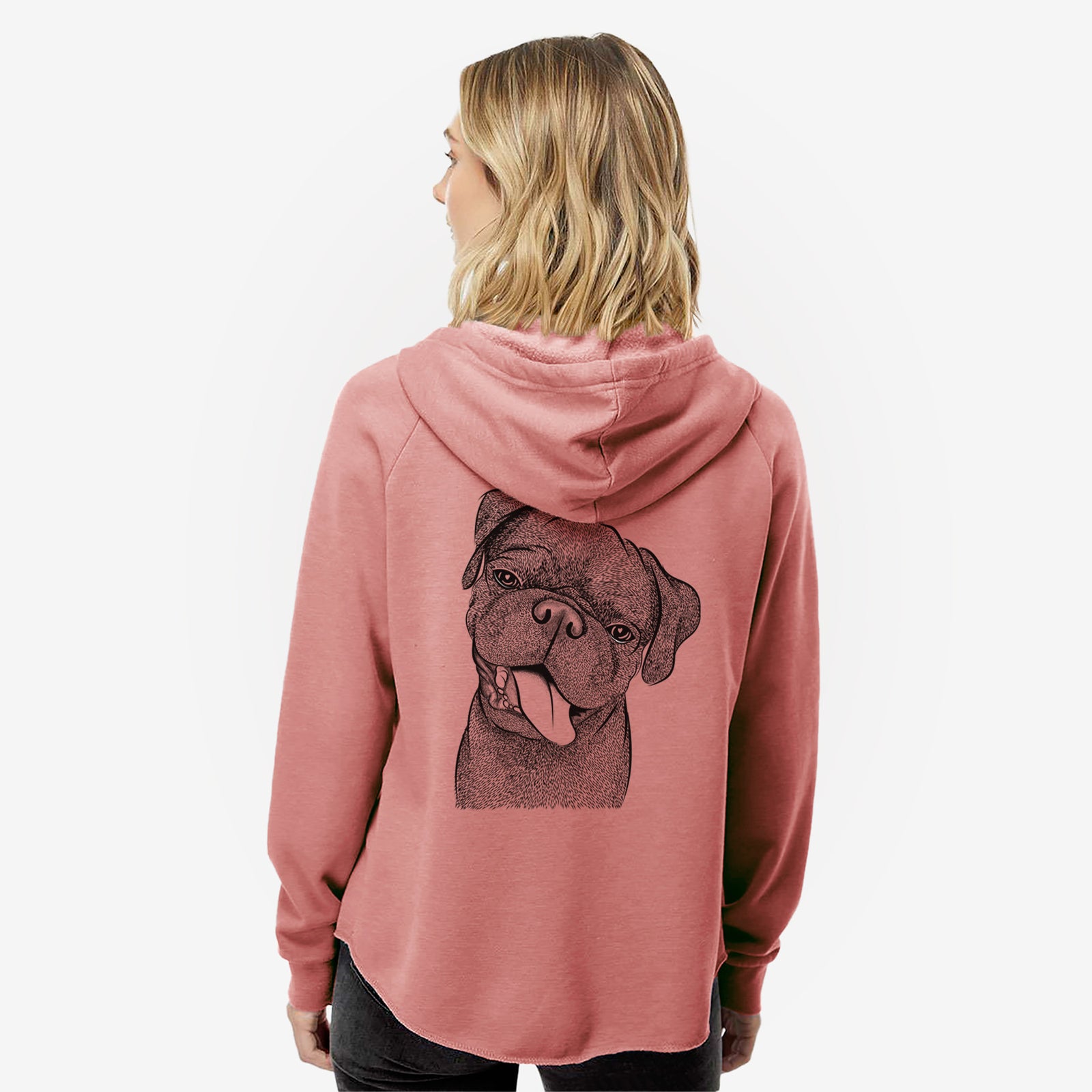 Hand-drawn sketch of Dudley Danger the Pug on a Dusty Rose Women's cali wave zip-up sweatshirt