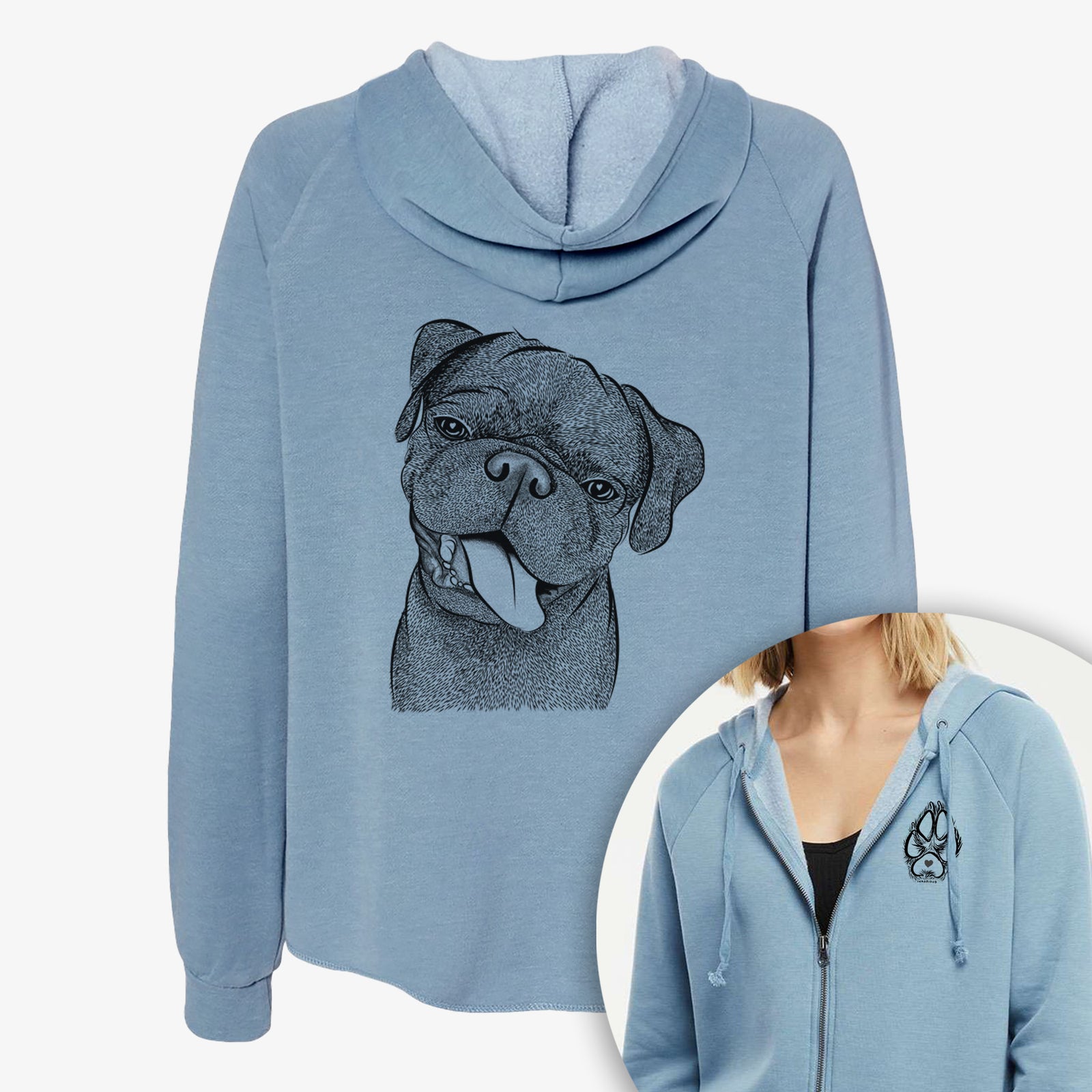 Hand-drawn sketch of Dudley Danger the Pug on a Women's cali wave zip-up sweatshirt, shown with icons of the other available costume styles