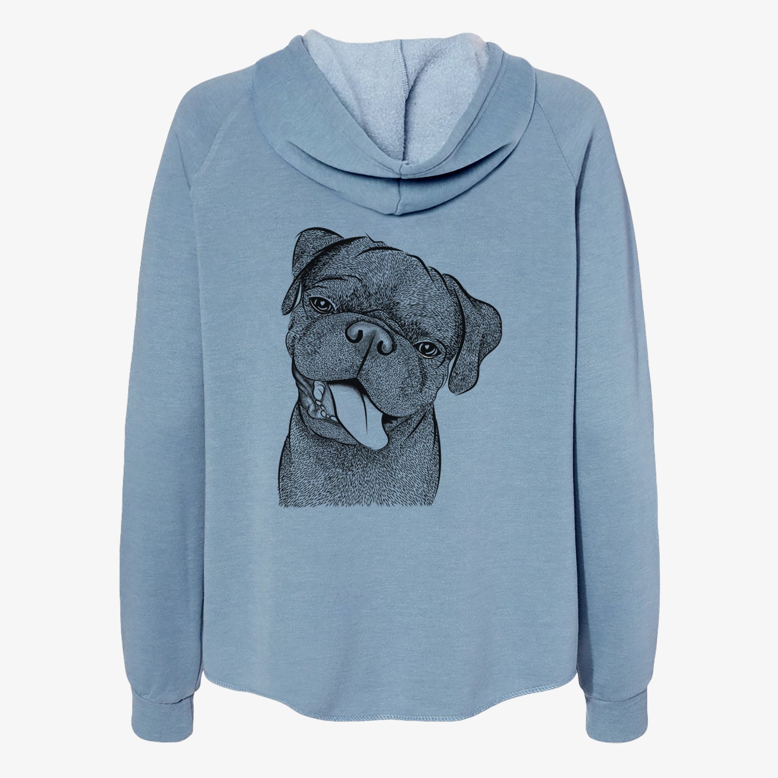 Hand-drawn sketch of Dudley Danger the Pug on a Misty Blue Women's cali wave zip-up sweatshirt