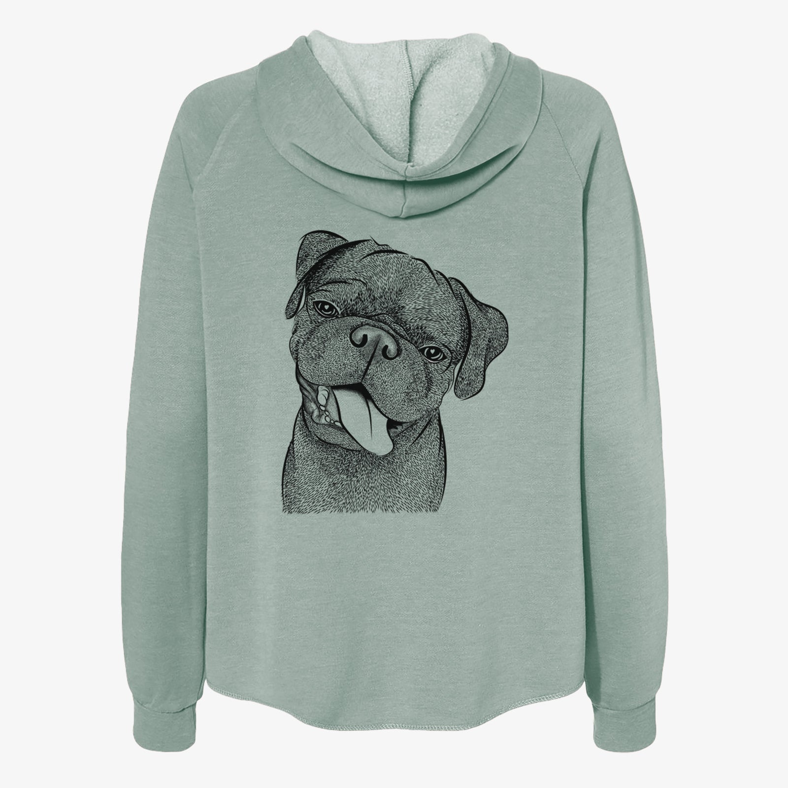 Hand-drawn sketch of Dudley Danger the Pug on a Sage Women's cali wave zip-up sweatshirt