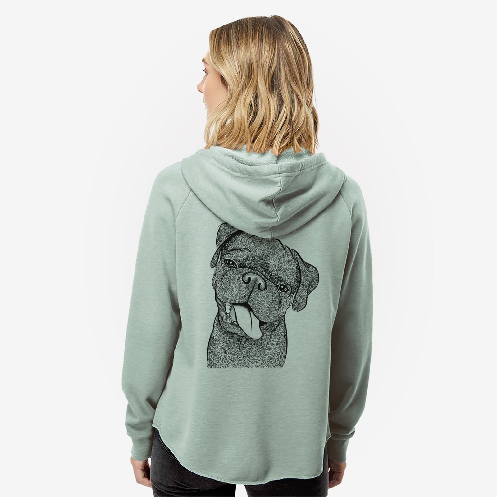 Hand-drawn sketch of Dudley Danger the Pug on a Sage Women's cali wave zip-up sweatshirt
