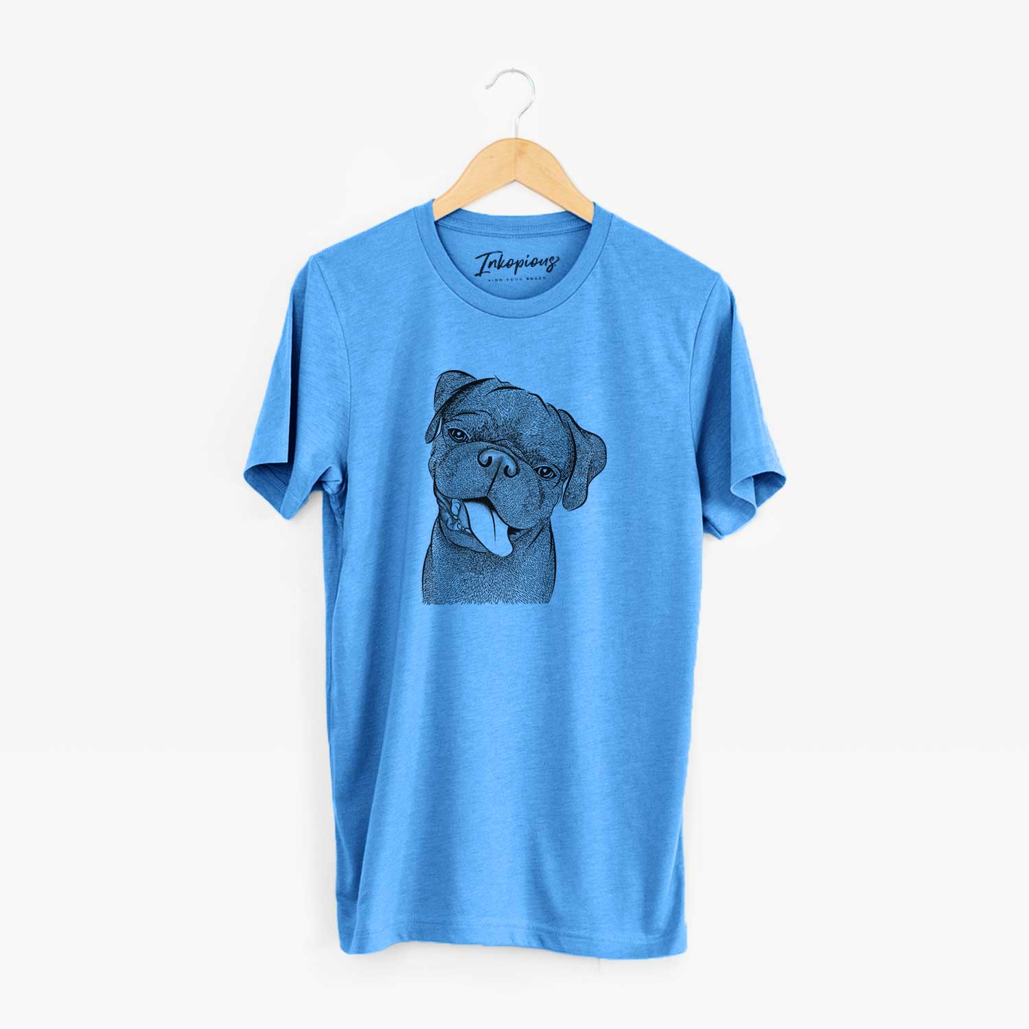 Hand-drawn sketch of Dudley Danger the Pug on a Blue Unisex crewneck